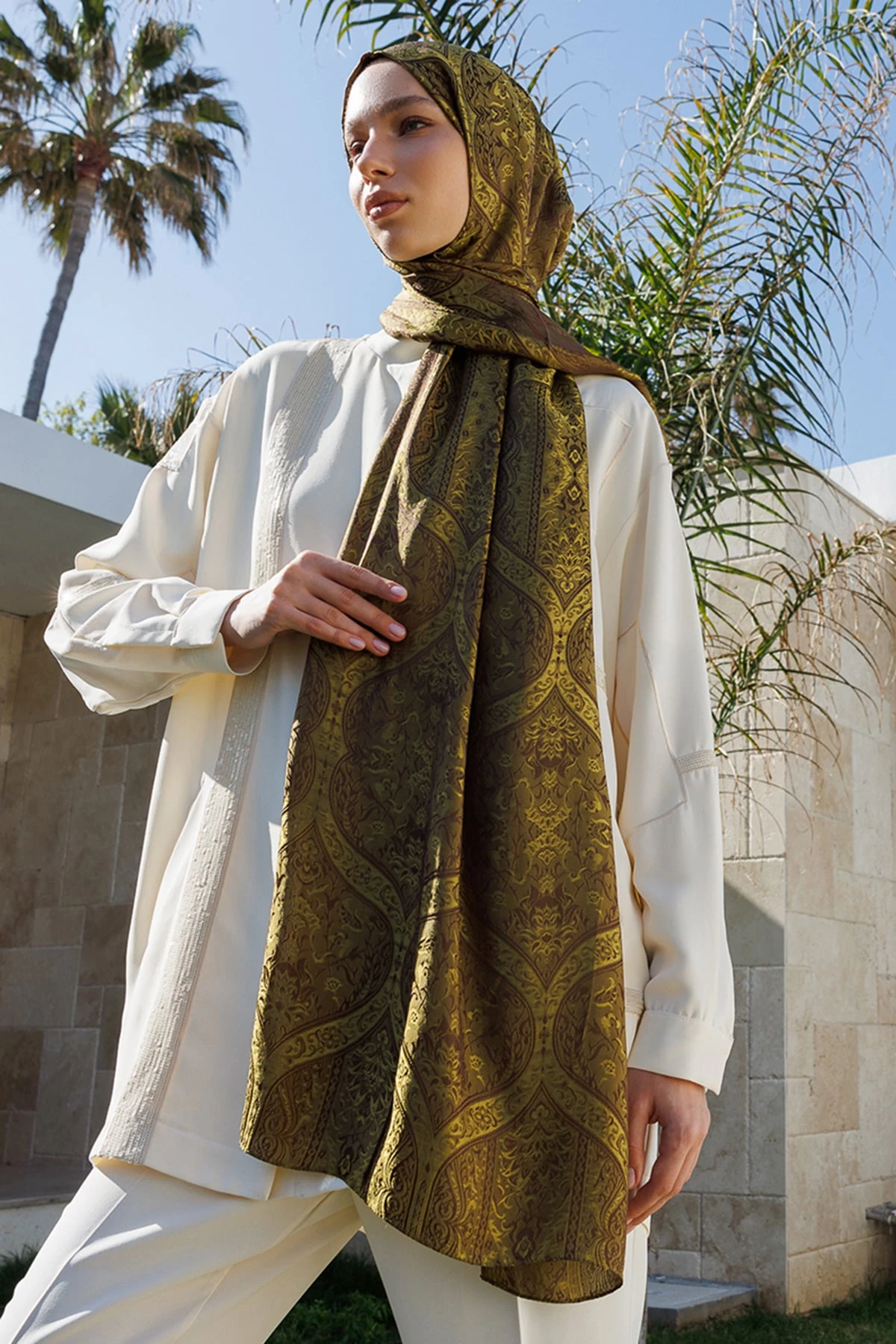 Shline Line Viscose Shawl - Bitter Coffee-Salmon