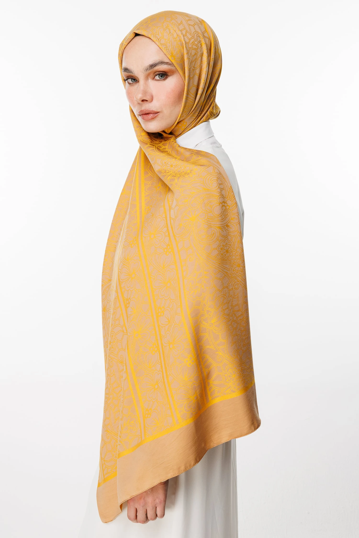Lavin-Pattern Reversible Shawl - Mink-Mustard