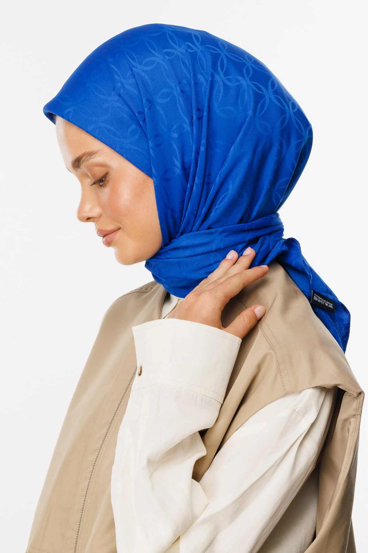 Toptan London Desen İpeksi Jakar Eşarp - Saks Mavi