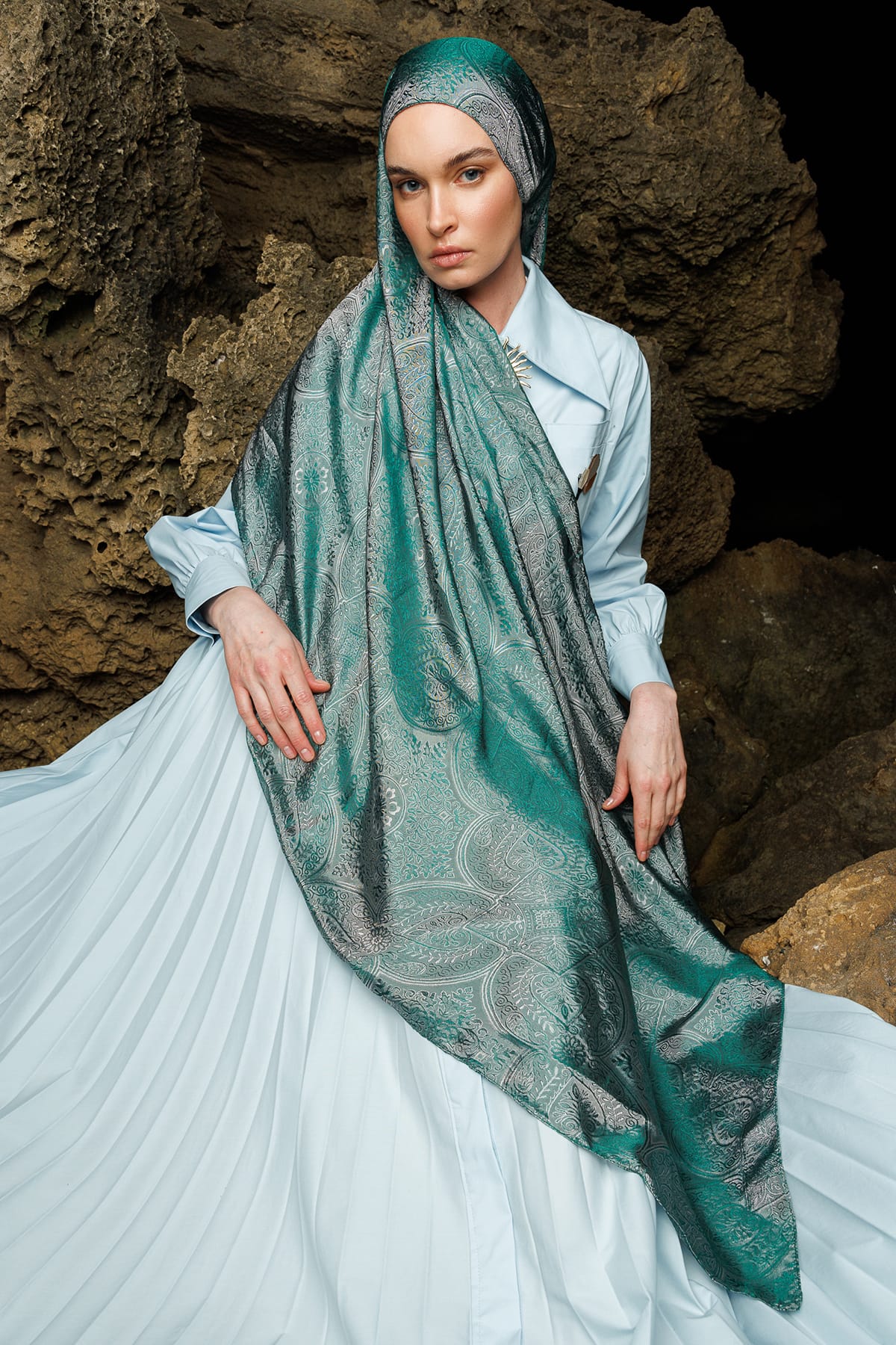 Shline Line Viscose Shawl - Emerald-Pink