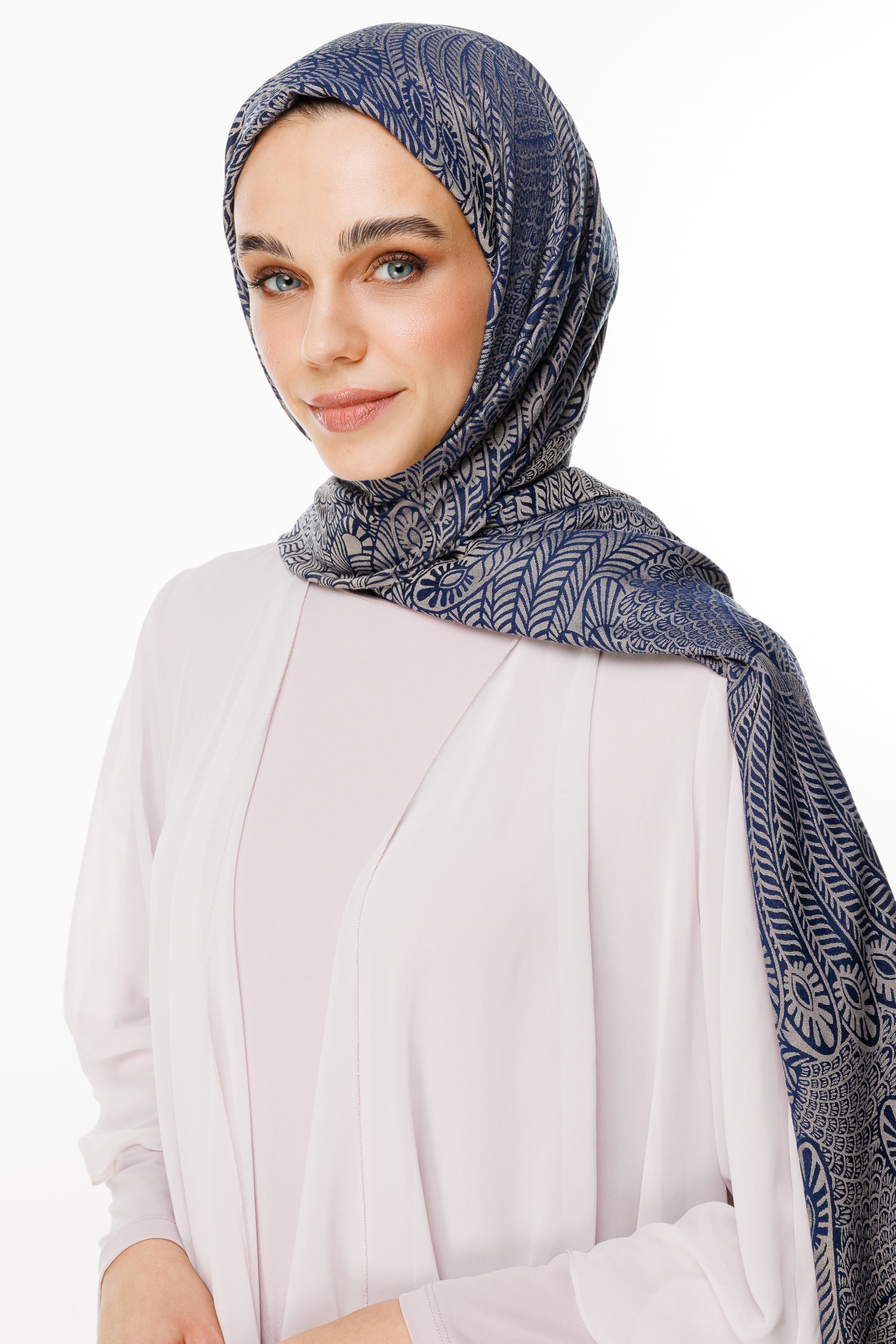 Toptan Mayra Desen Çift Taraflı Şal - Lacivert-Bej