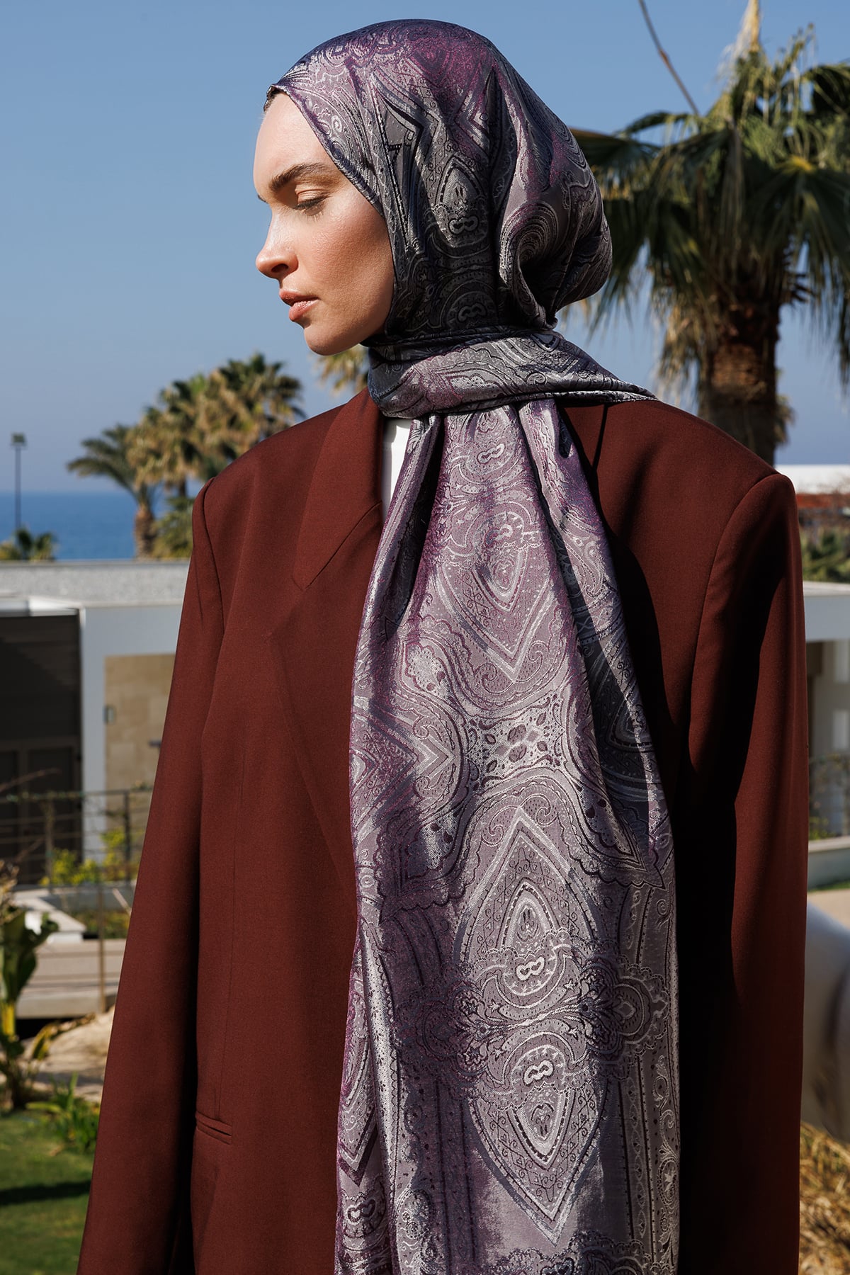 Liva Pattern Shine Line Shawl - Purple-Gray