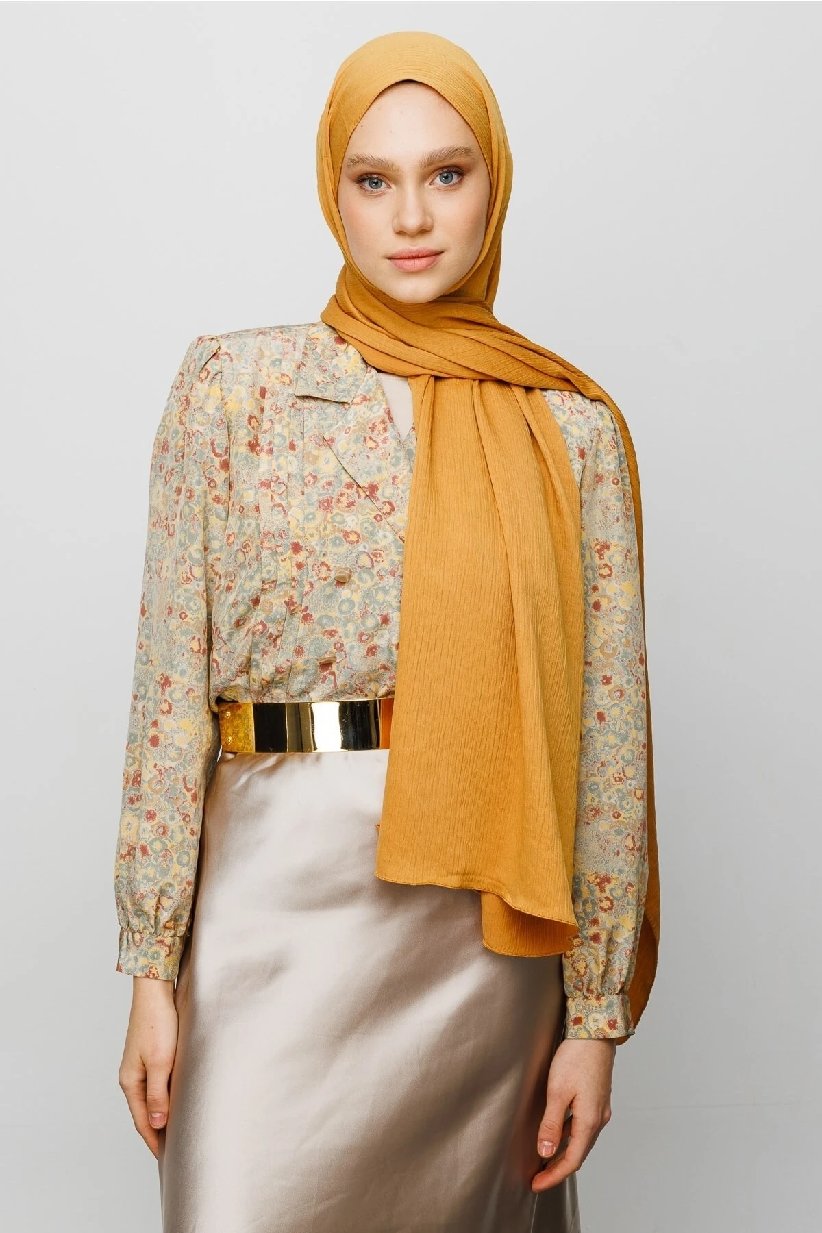 Toptan Krinkıl Medine İpeği Şal - Hardal