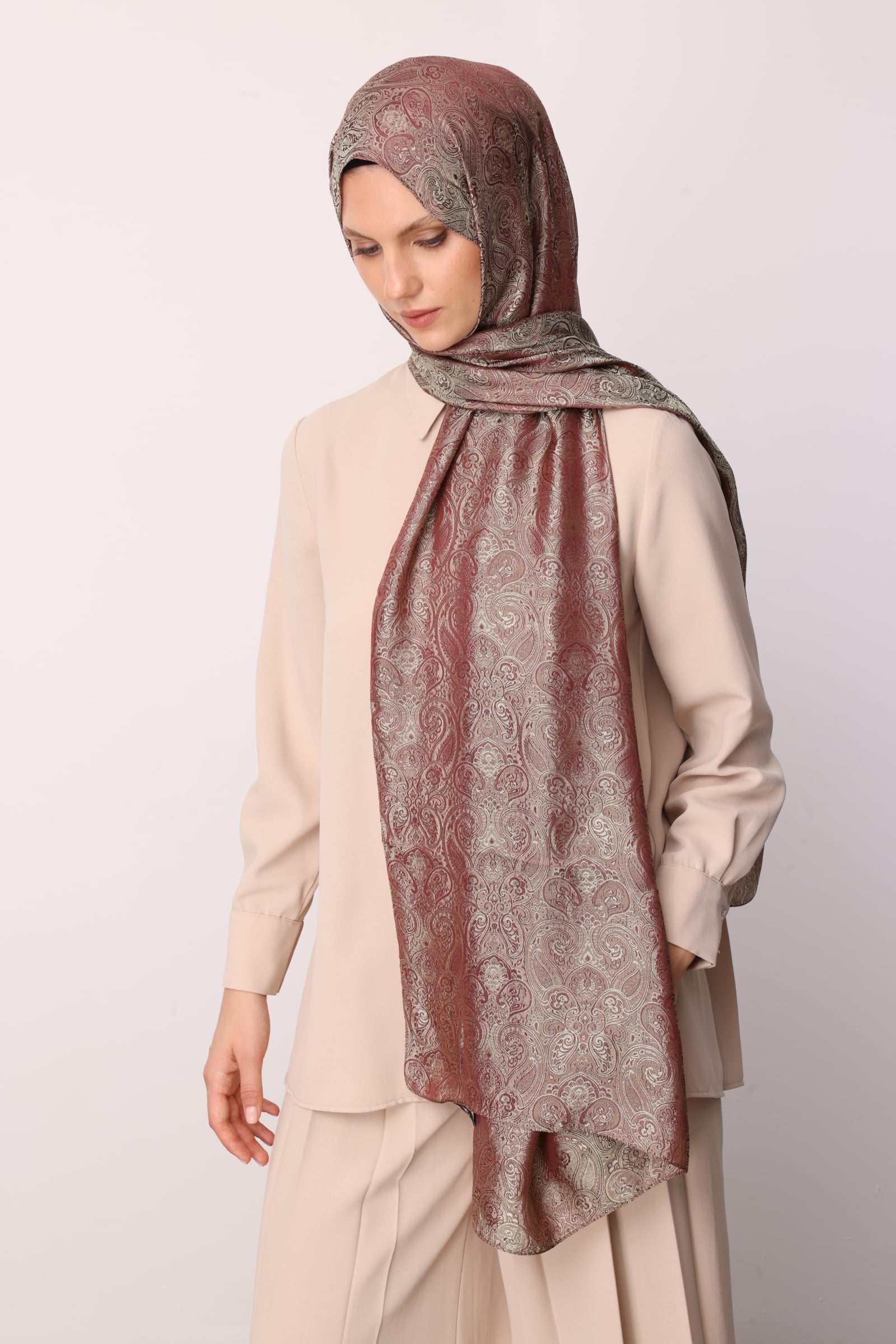 Toptan Moren Desen Shine Line Şal - Mürdüm-Somon