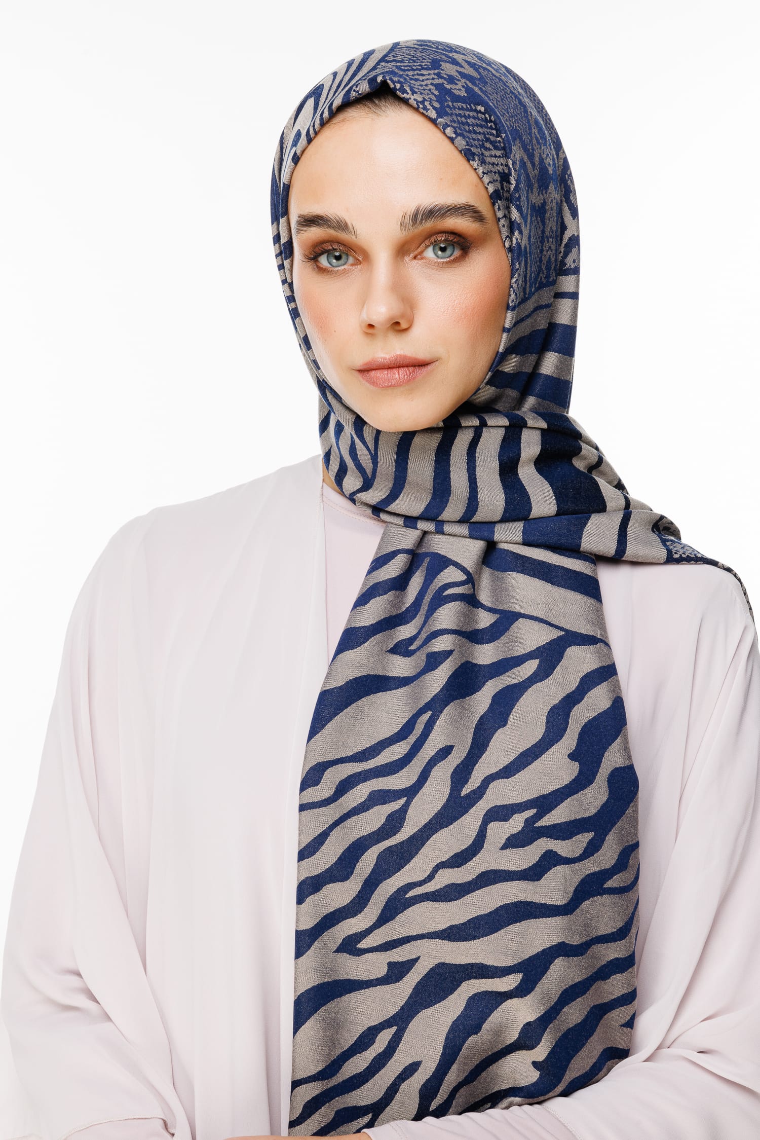 Toptan Riad Desen Çift Taraflı Şal - Lacivert-Bej