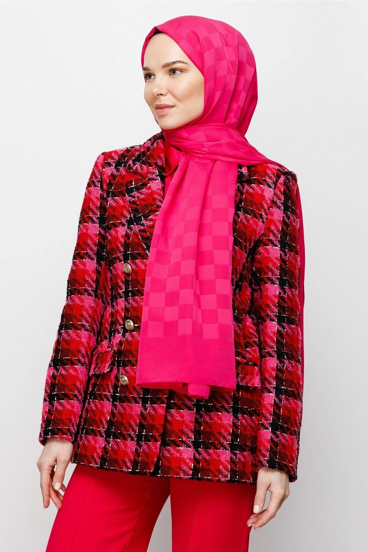 Toptan Dama Desen İpeksi Jakar Şal - Fuşya