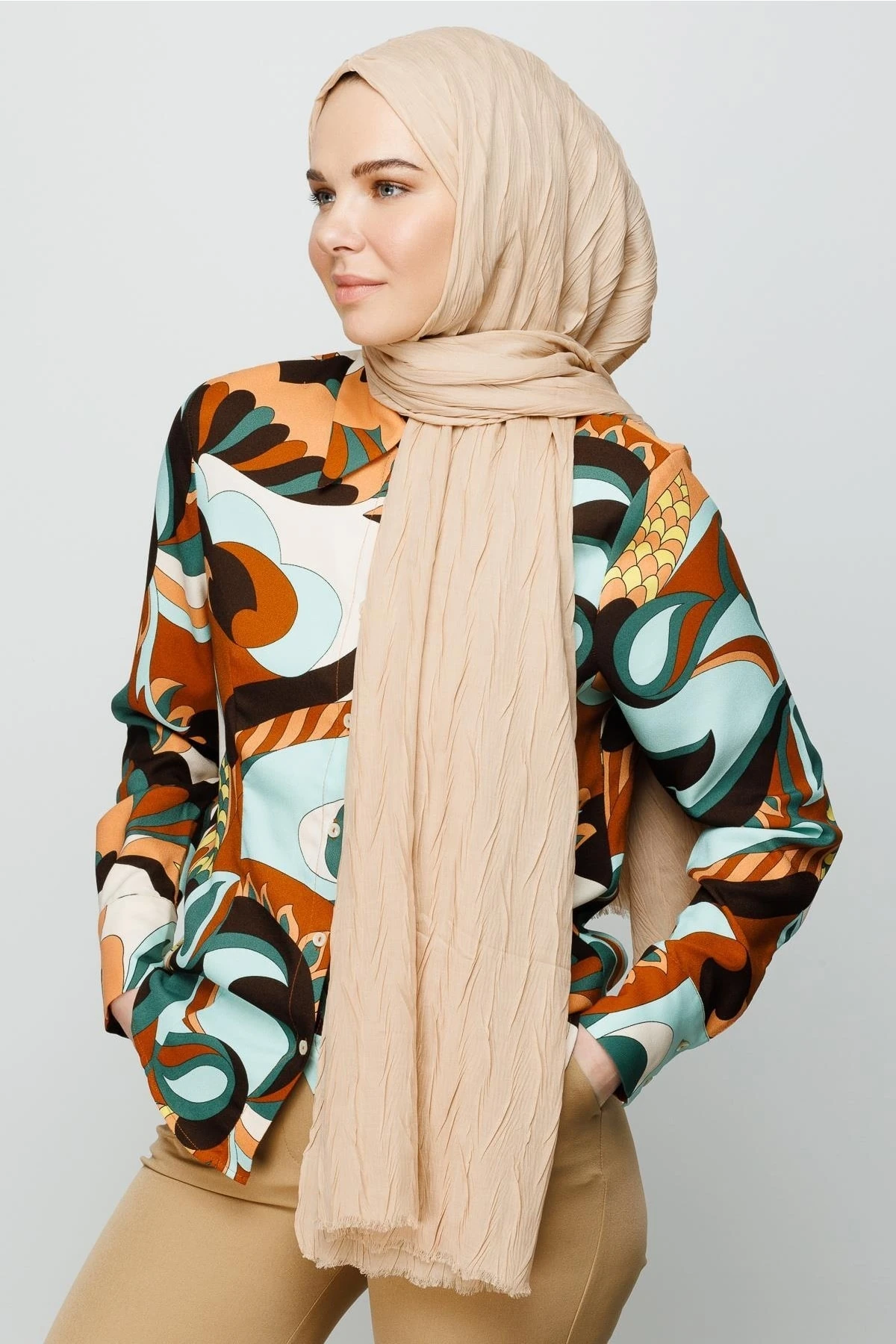 Toptan Piliseli Bambu Şal - Kum Beji