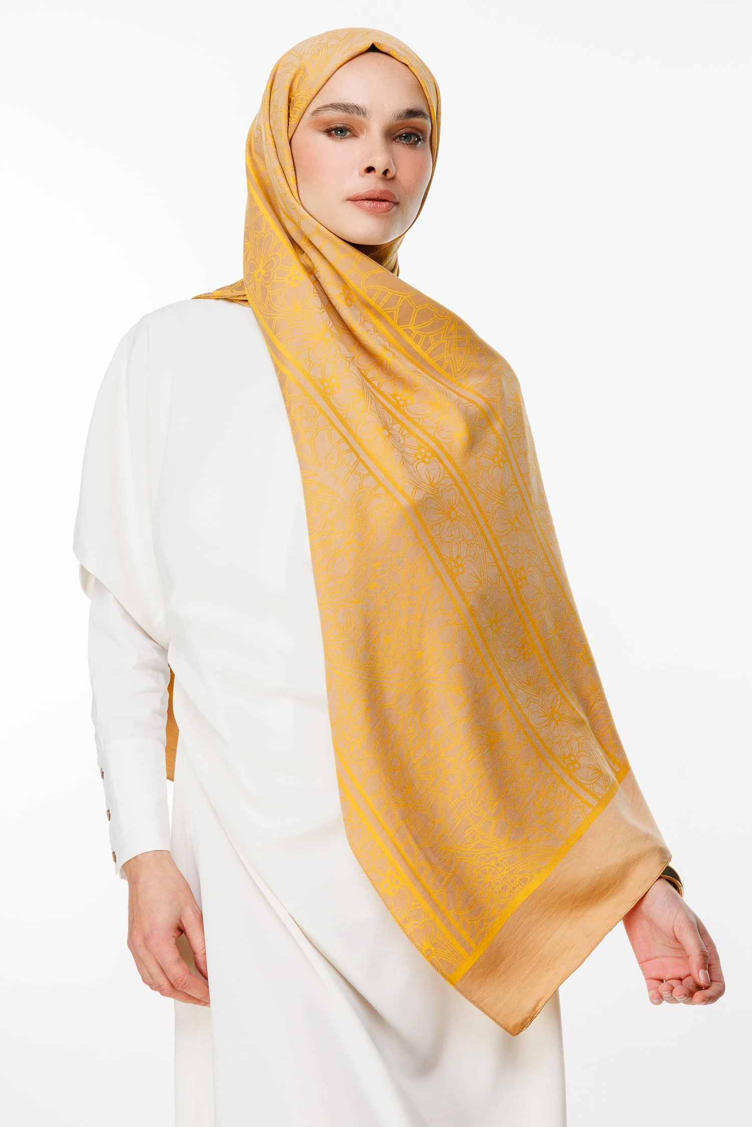 Lavin-Pattern Reversible Shawl - Mink-Mustard