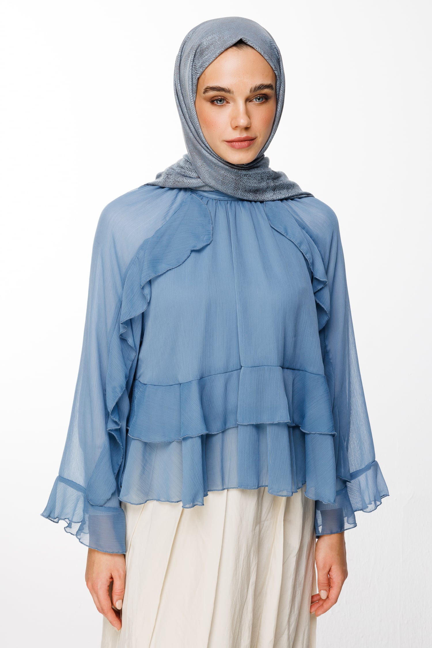 Toptan Sahra Desen Çift Taraflı Şal - Koyu Gri-Açık Mavi