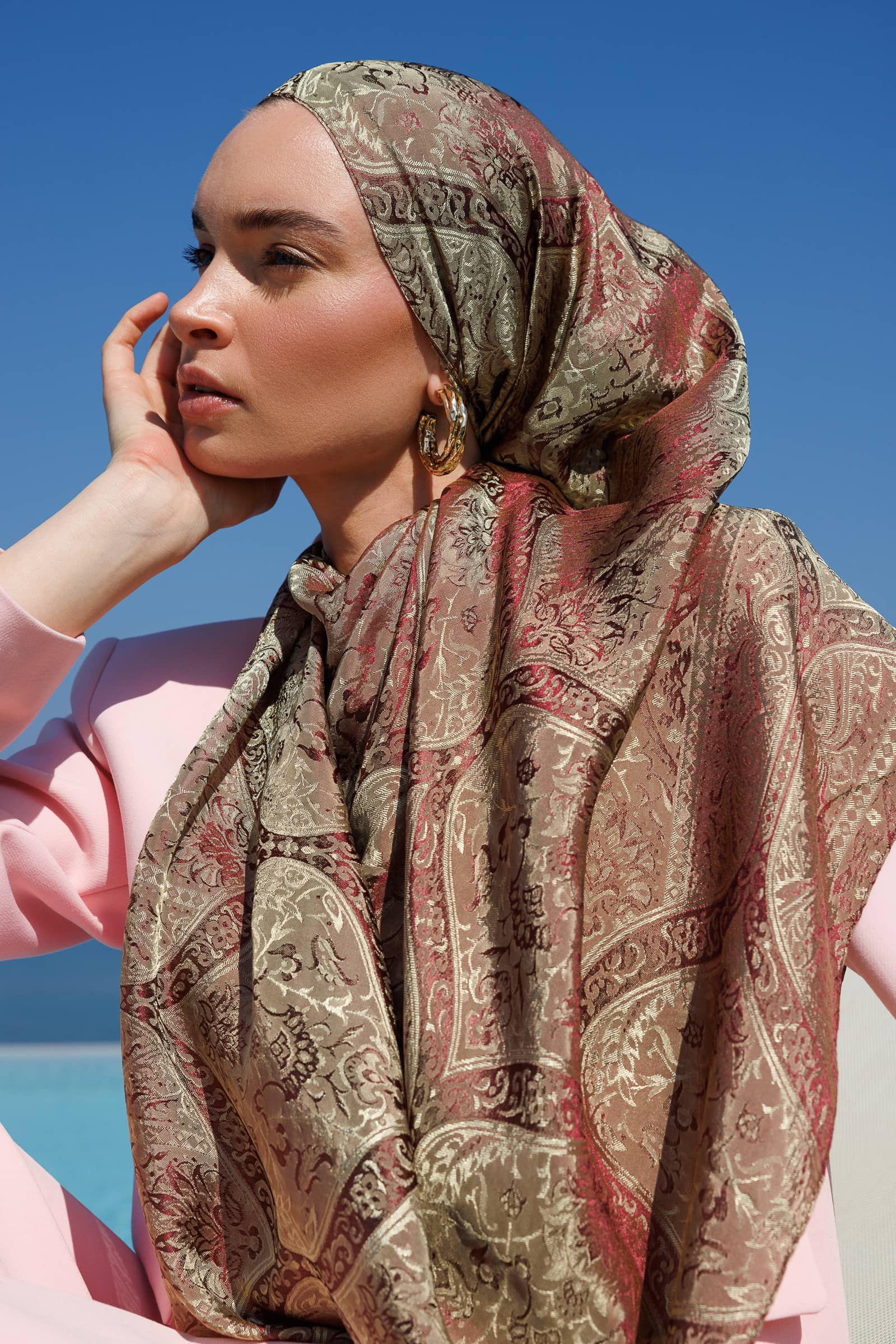 Toptan Soler Desen Shine Line Şal - Mürdüm-Somon