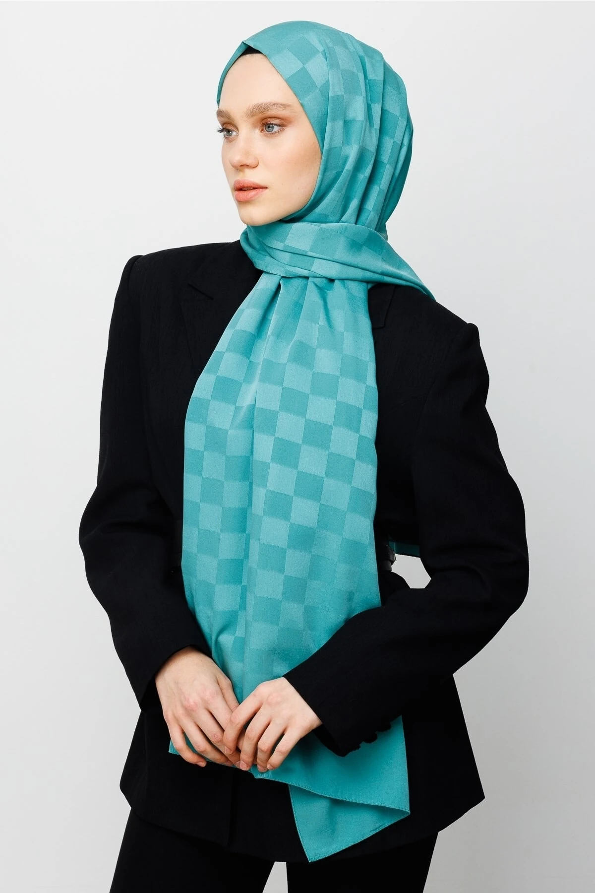 Checkers Pattern Silk Jacquard Shawl - Mint Green