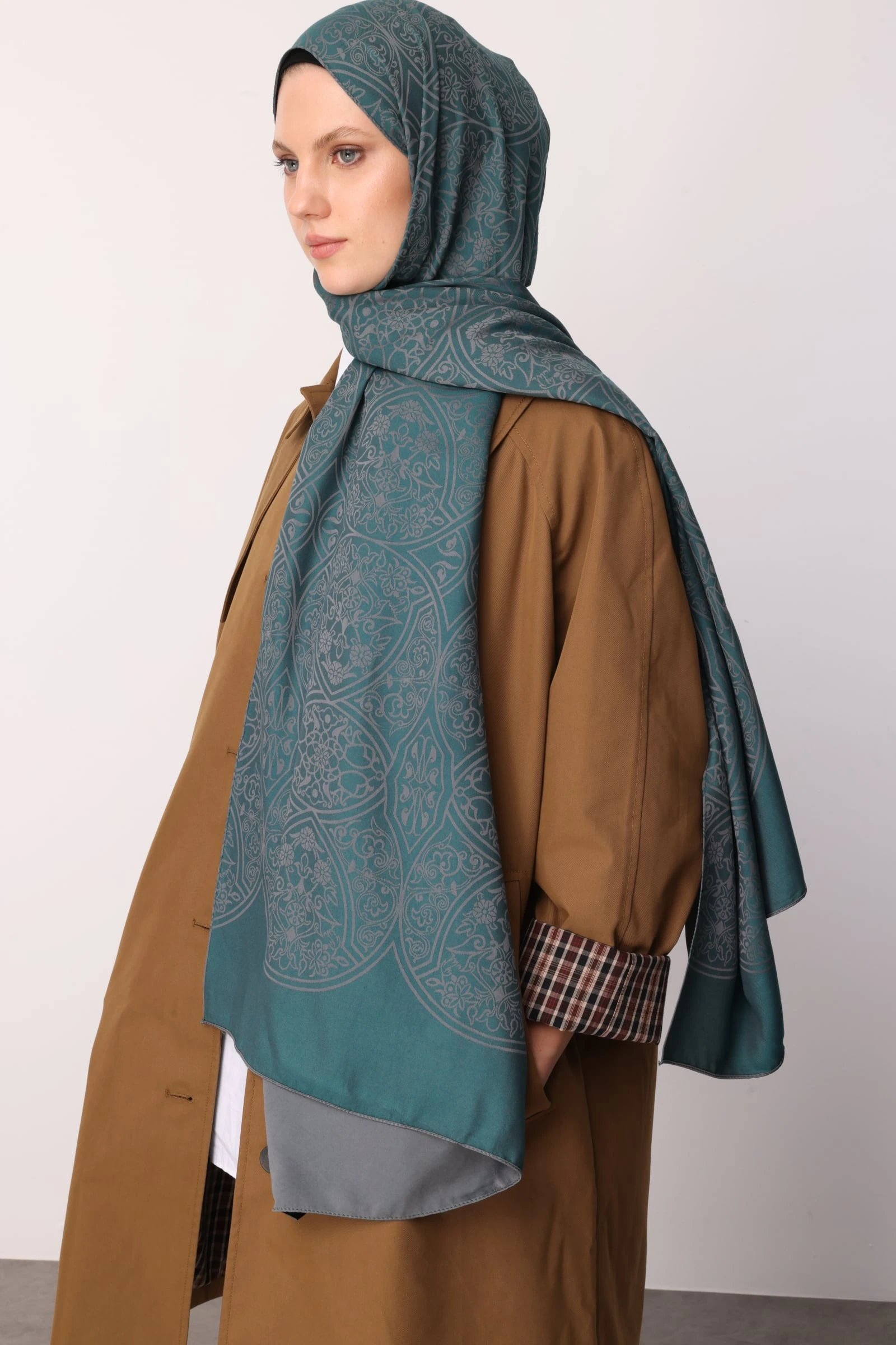 Toptan Morocco Desen Çift Taraflı Şal - Koyu Gri-Zümrüt