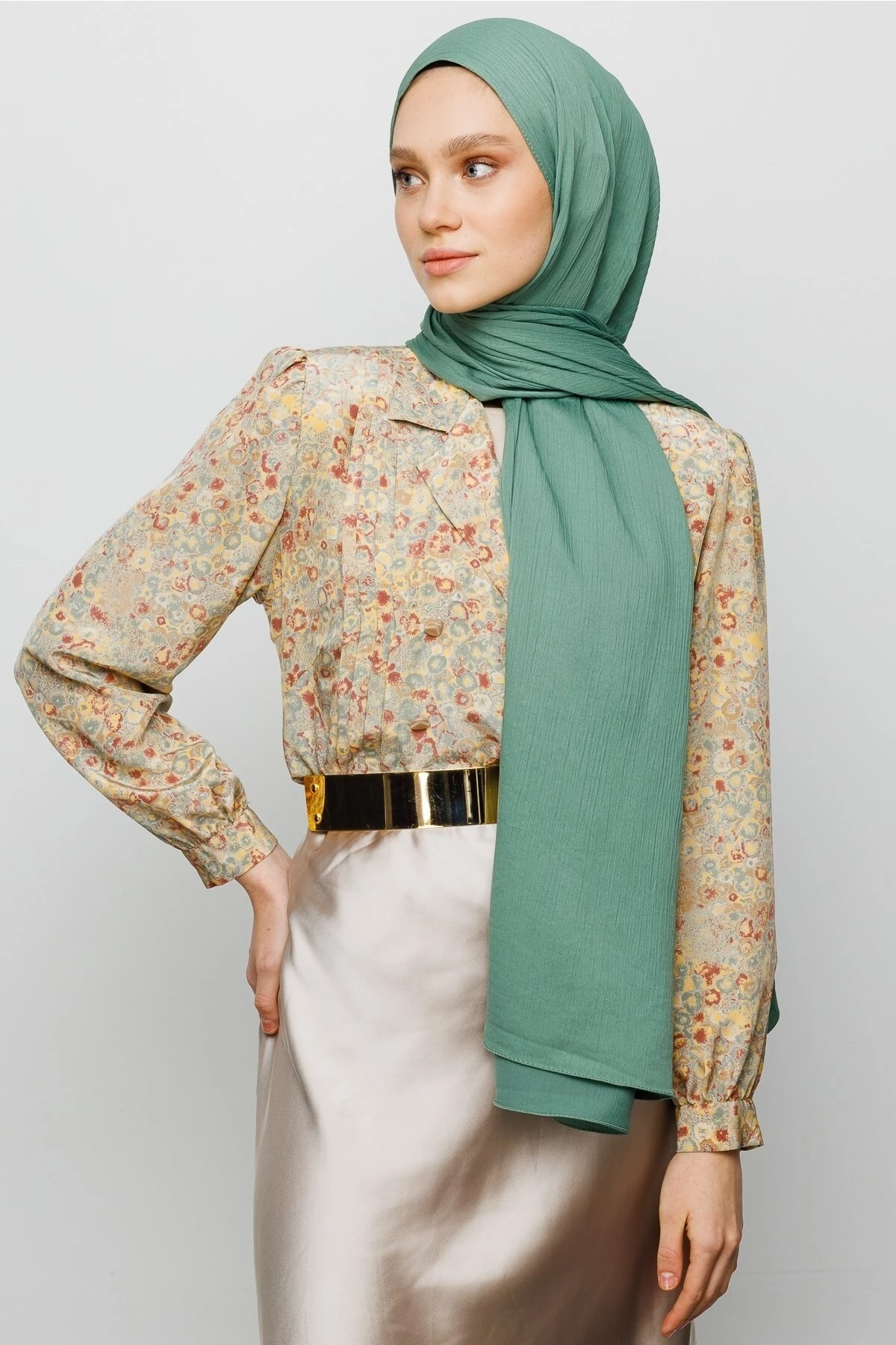 Toptan Krinkıl Medine İpeği Şal - Küf Yeşili