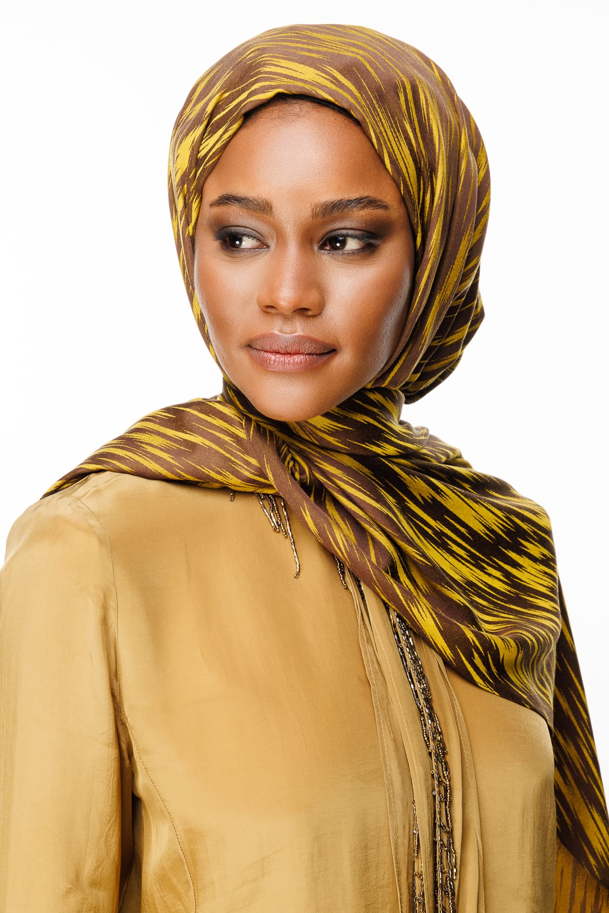 Toptan Selis Desen Çift Taraflı Şal - Acı Kahve-Hardal