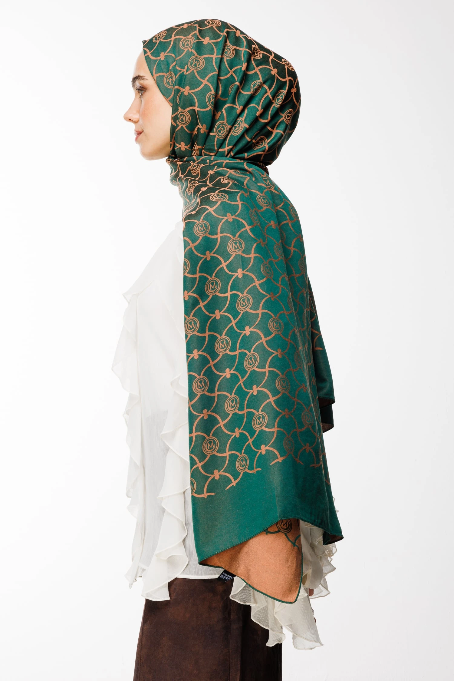 Toptan Marrakech Desen Çift Taraflı Şal - Zümrüt-Kayısı