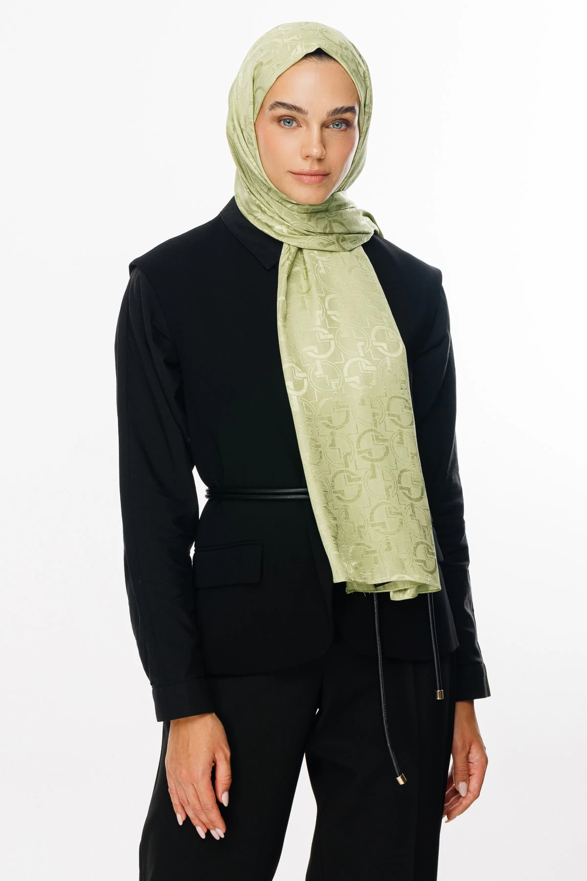 Toptan Longar Desen Parlak Jakar Şal - Fıstık Yeşili