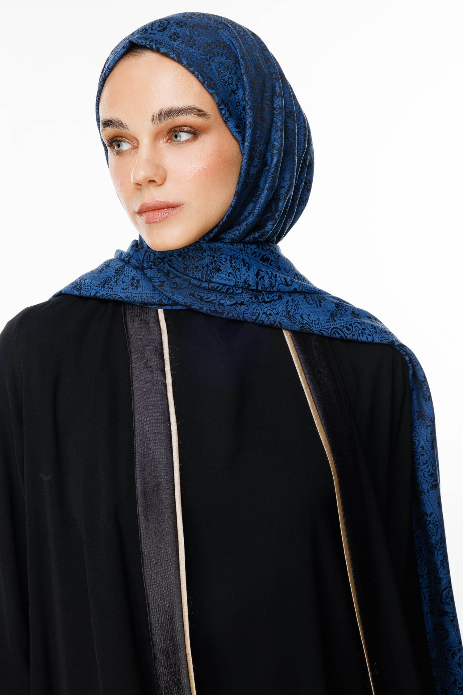 Toptan Henna Desen Çift Taraflı Şal - Siyah-İndigo