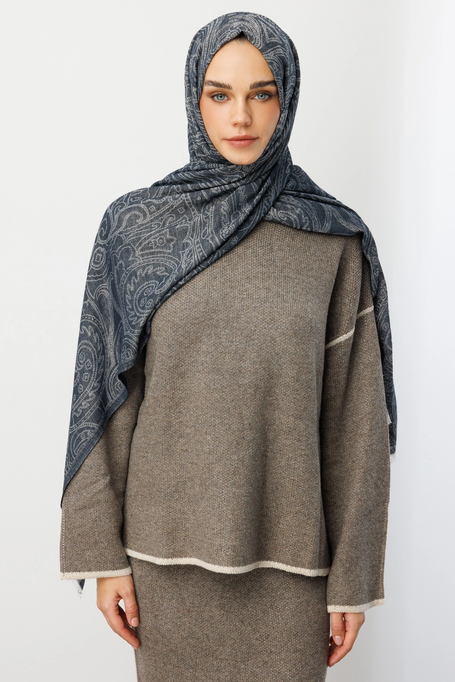 Toptan Rumi Desen Yün Kaşmir Şal - Lacivert