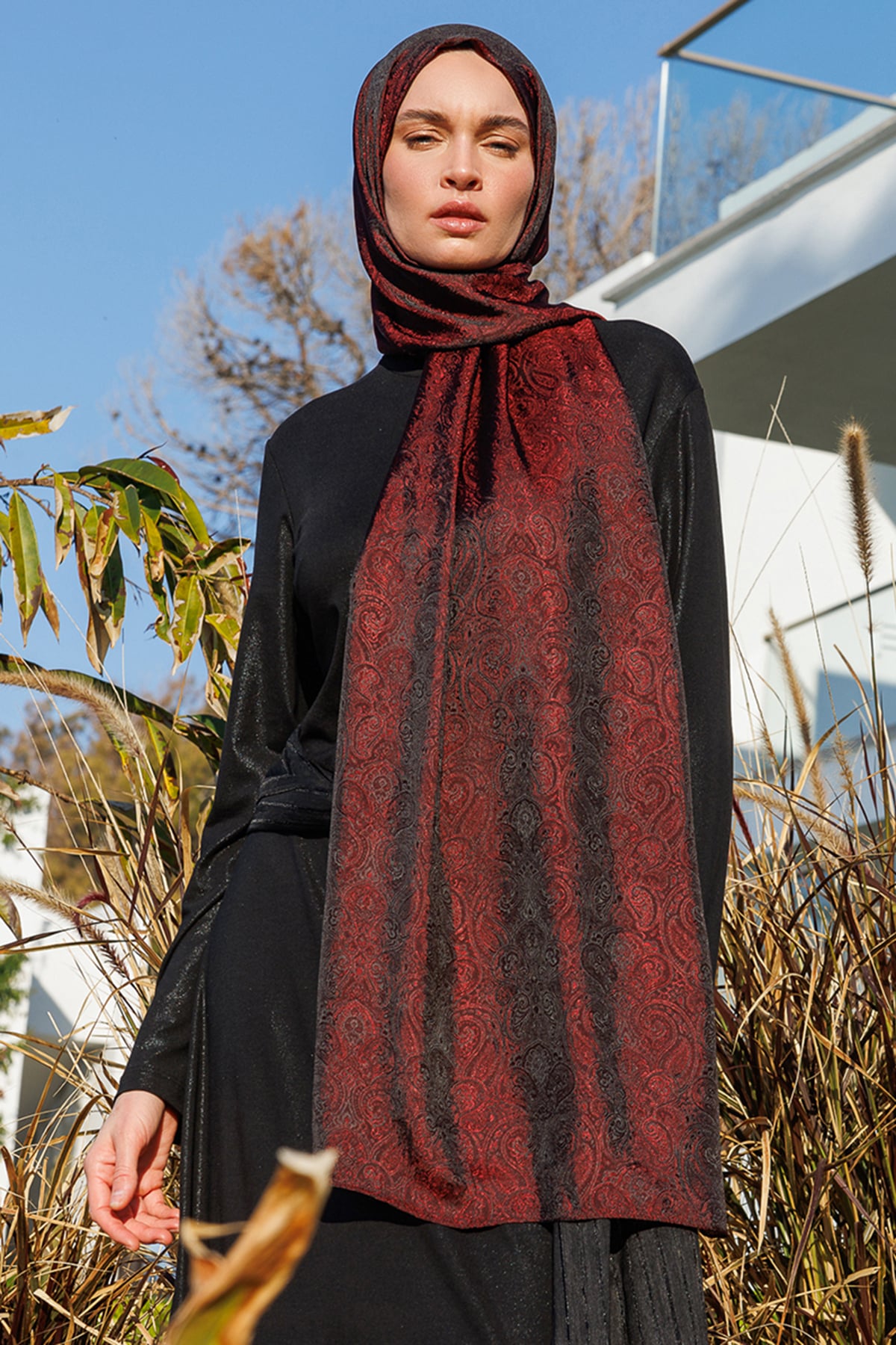 Toptan Moren Desen Shine Line Şal - Siyah-Bordo