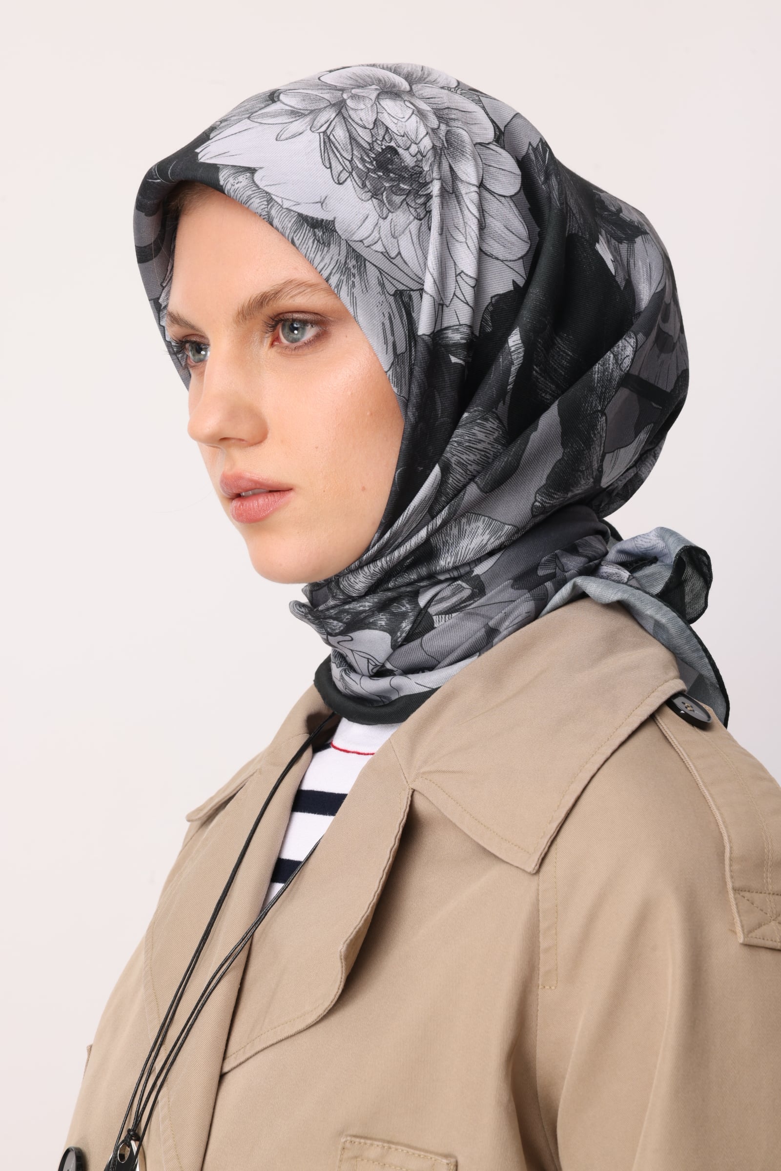 Toptan Floren Desen Pamuk Eşarp - Siyah