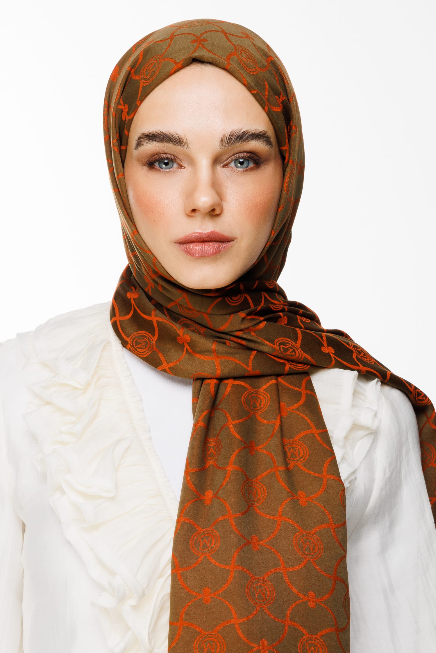 Toptan Marrakech Desen Çift Taraflı Şal - Koyu Haki-Tarçın