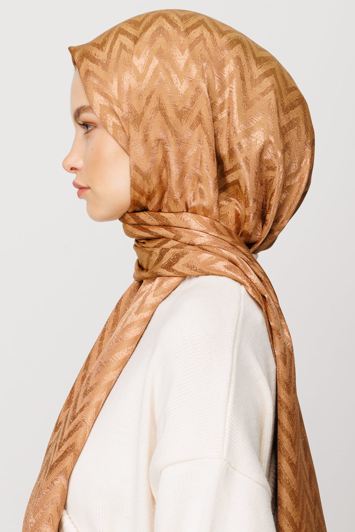 Zigzag Pattern Shiny Jacquard Shawl - Biscuit