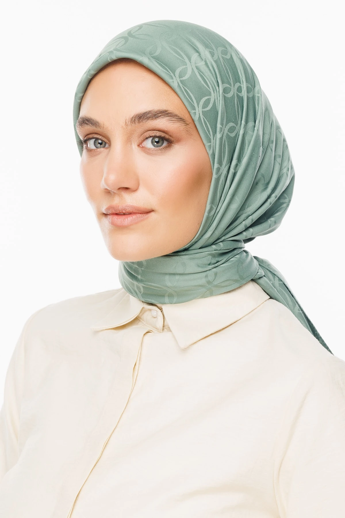 Toptan London Desen İpeksi Jakar Eşarp - Küf Yeşili