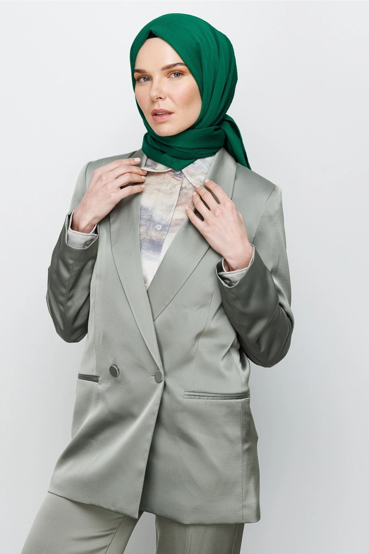 Toptan Krinkıl Medine İpeği Şal - Koyu Benetton Yeşili