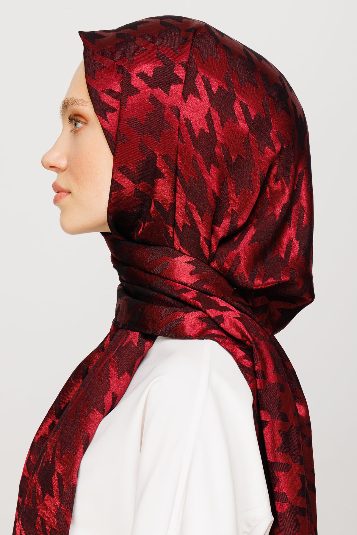 Toptan Kazayağı Desen Parlak Jakar Şal - Bordo