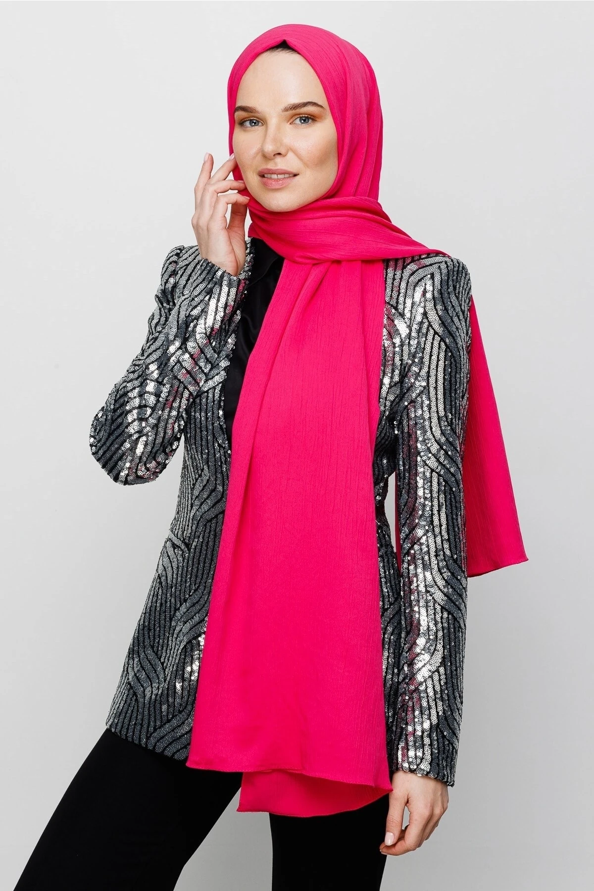 Toptan Krinkıl Medine İpeği Şal - Fuşya