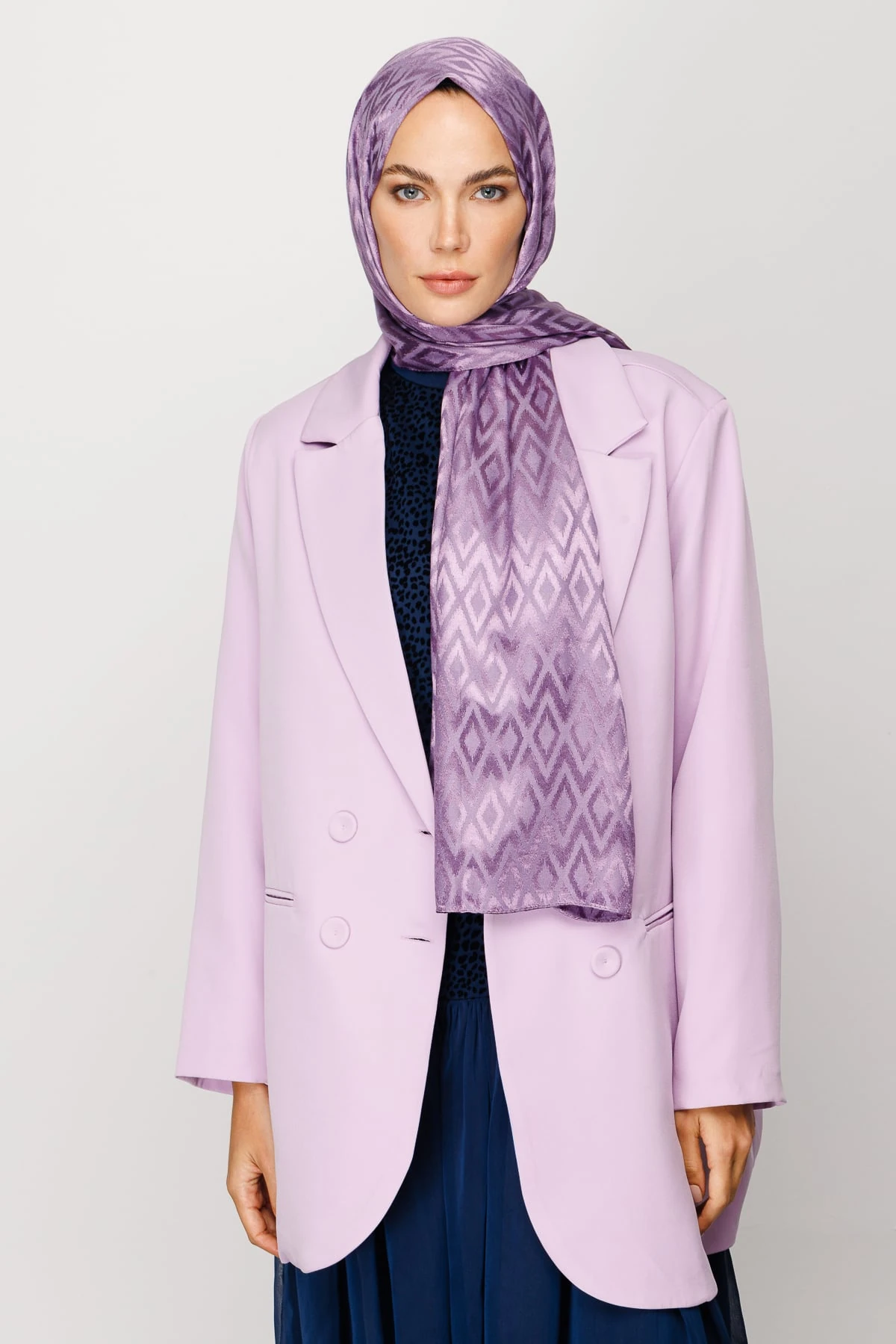 Toptan Karo Desen Parlak Jakar Şal - Lavanta