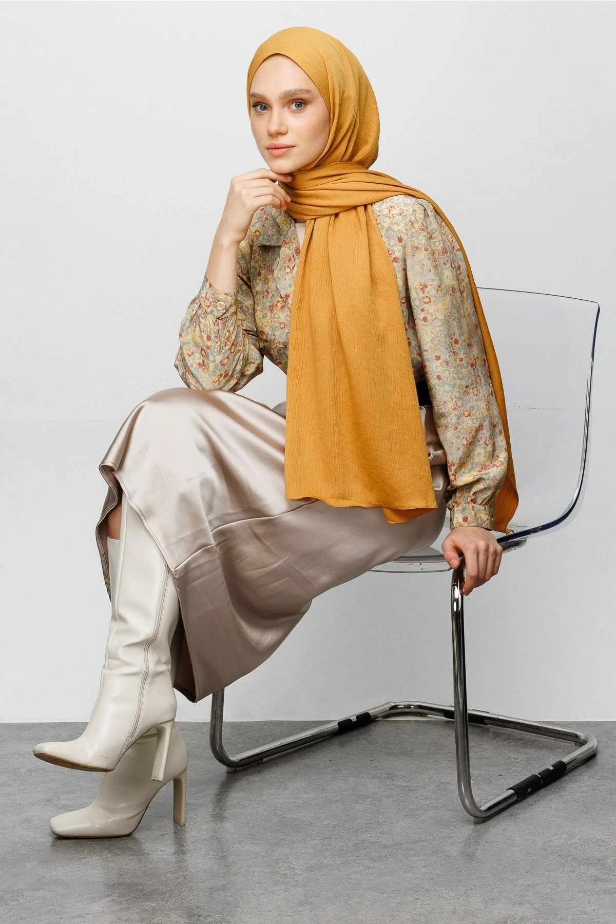 Toptan Krinkıl Medine İpeği Şal - Hardal