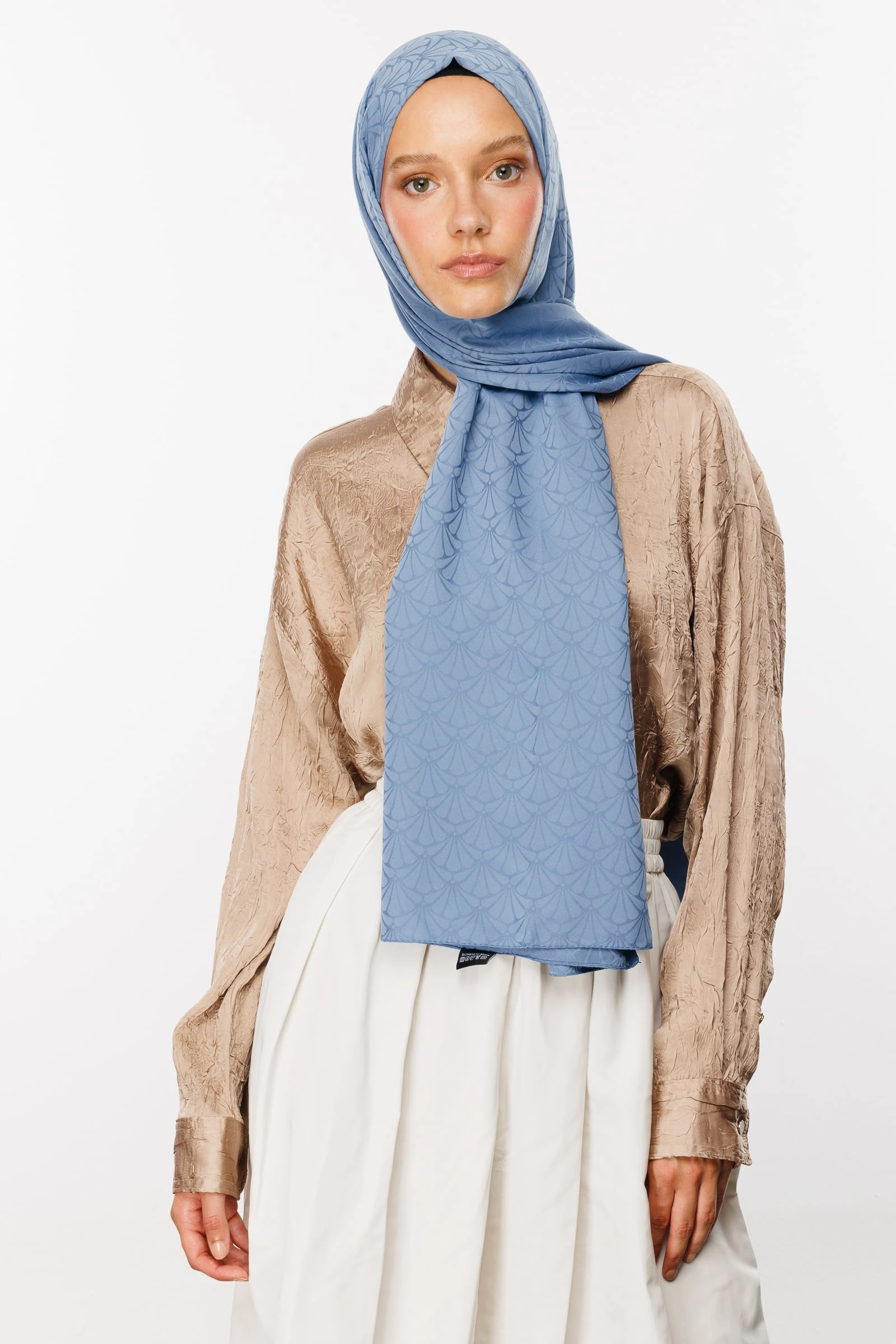 Toptan Lotus Desen İpeksi Jakar Şal - Gök Mavisi