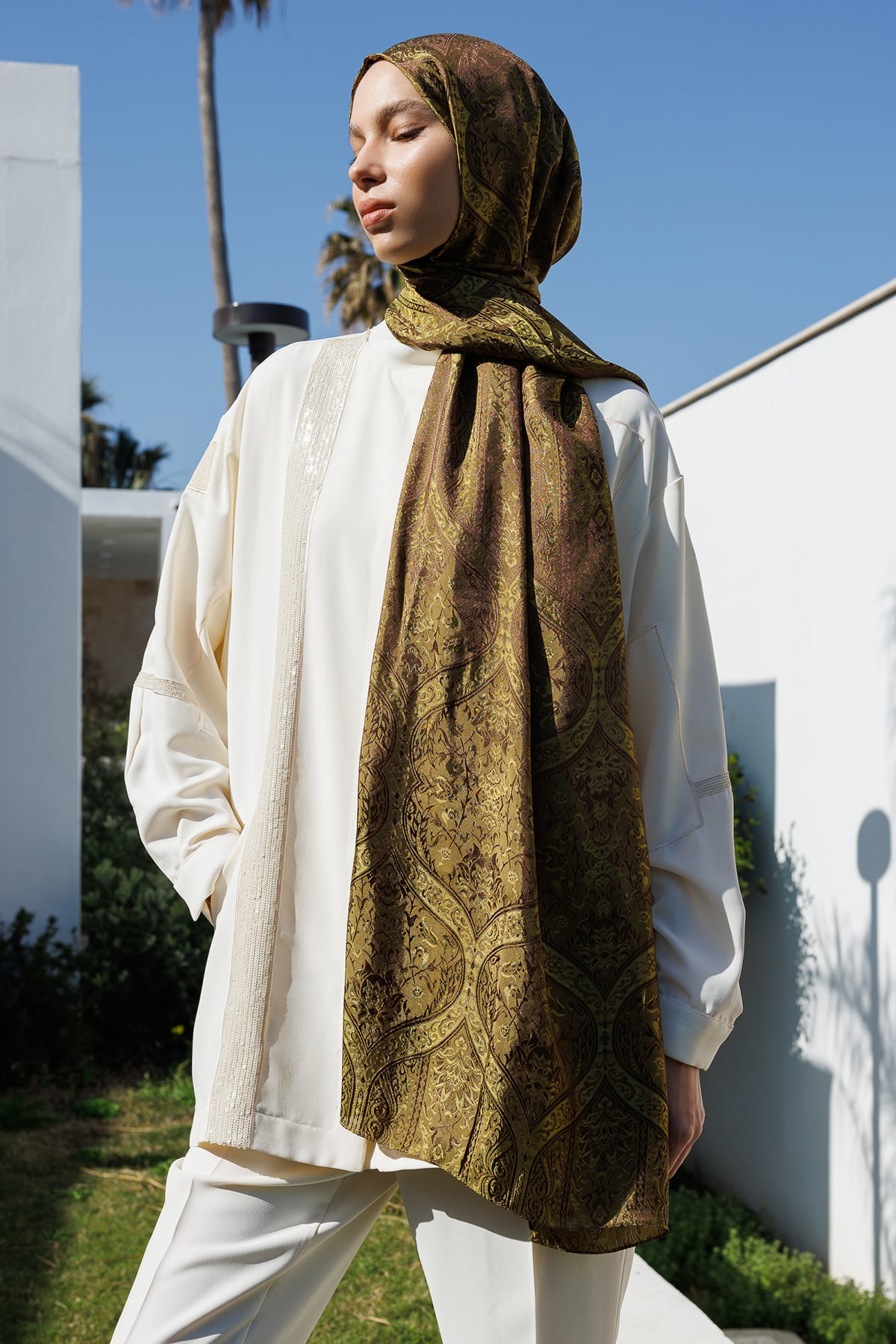 Shline Line Viscose Shawl - Bitter Coffee-Salmon