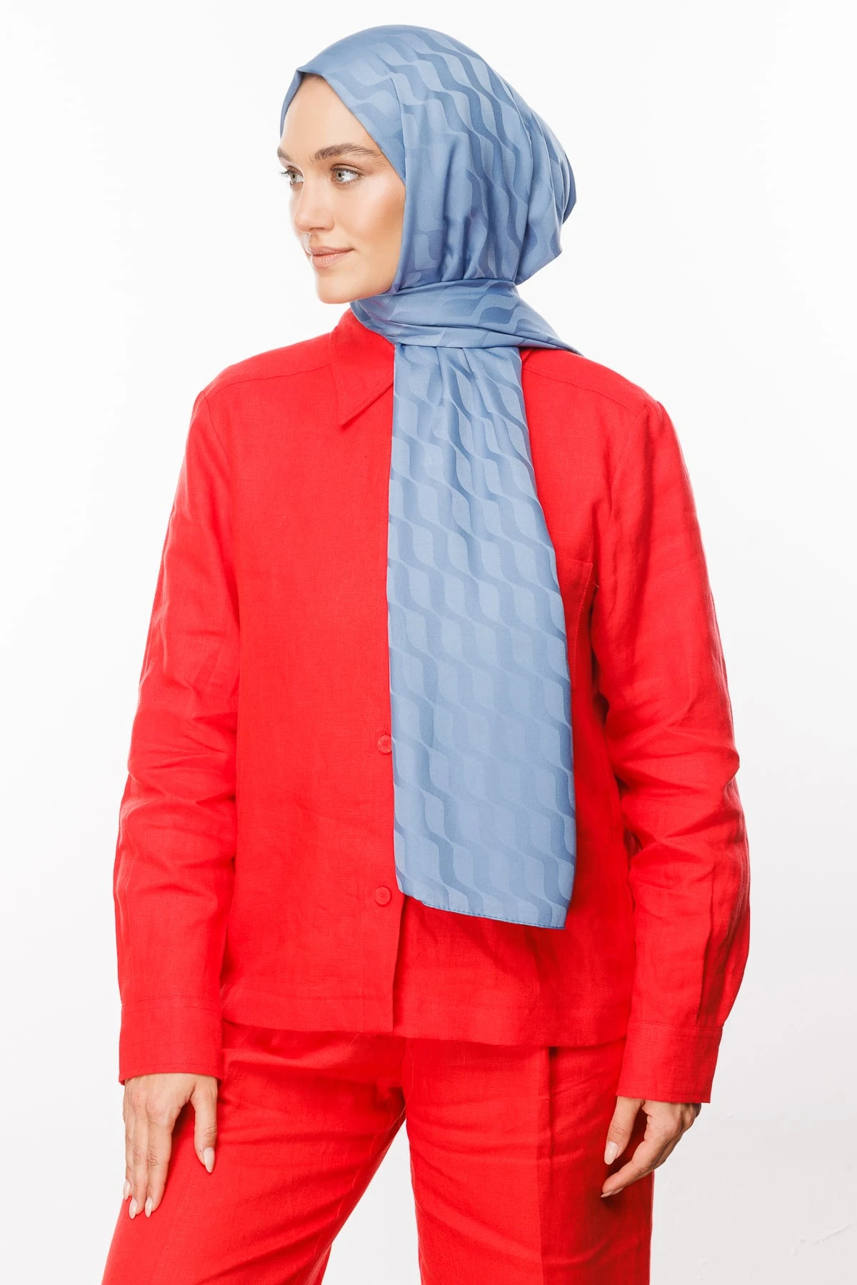 Toptan Dalga Desen İpeksi Jakar Şal - Gök Mavisi