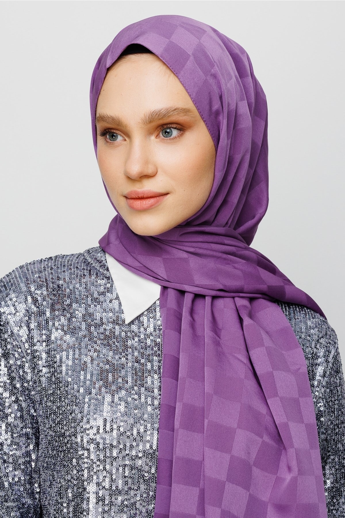 Checkers Pattern Silk Jacquard Shawl - Lavender