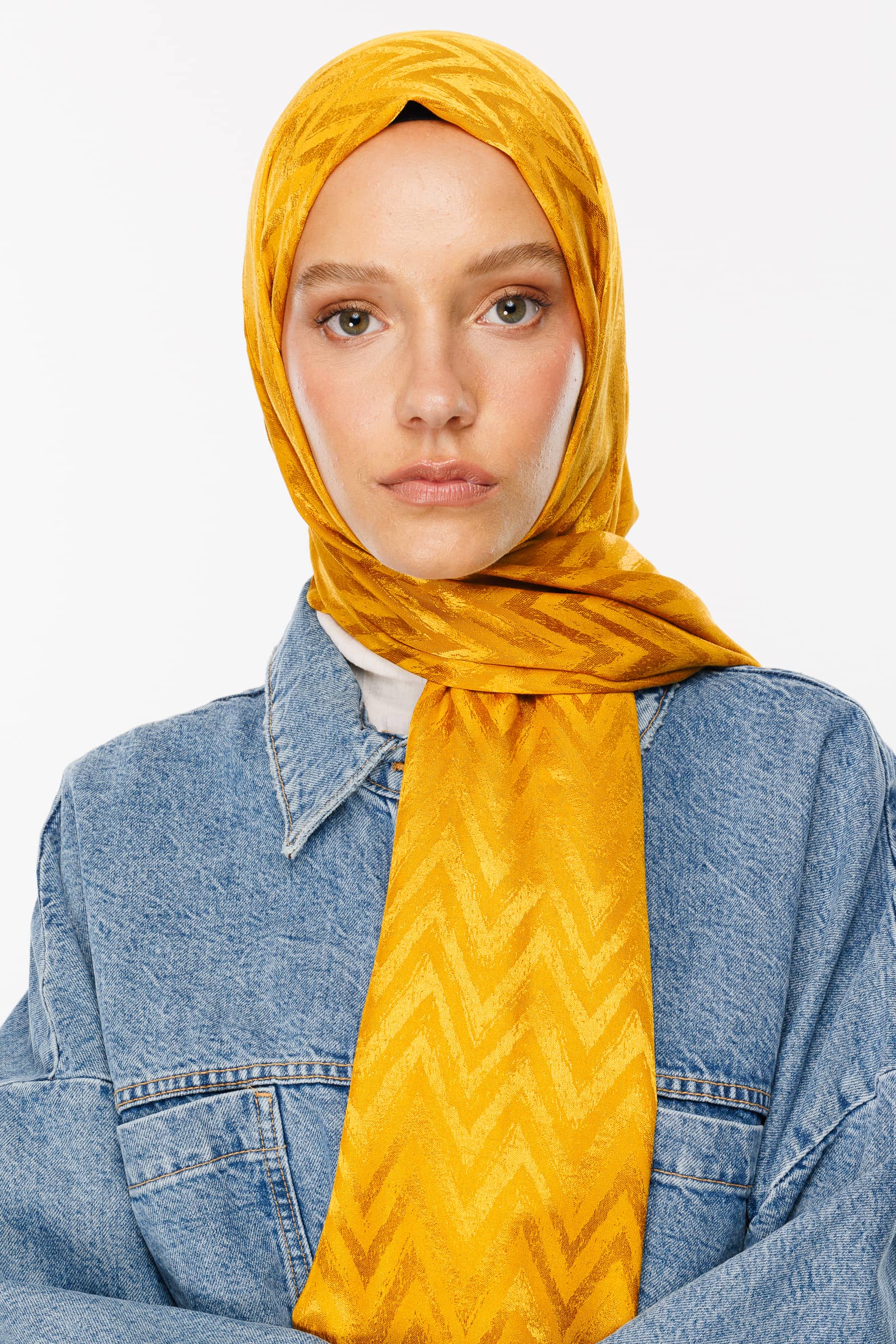 Zigzag Pattern Shiny Jacquard Shawl - Saffron
