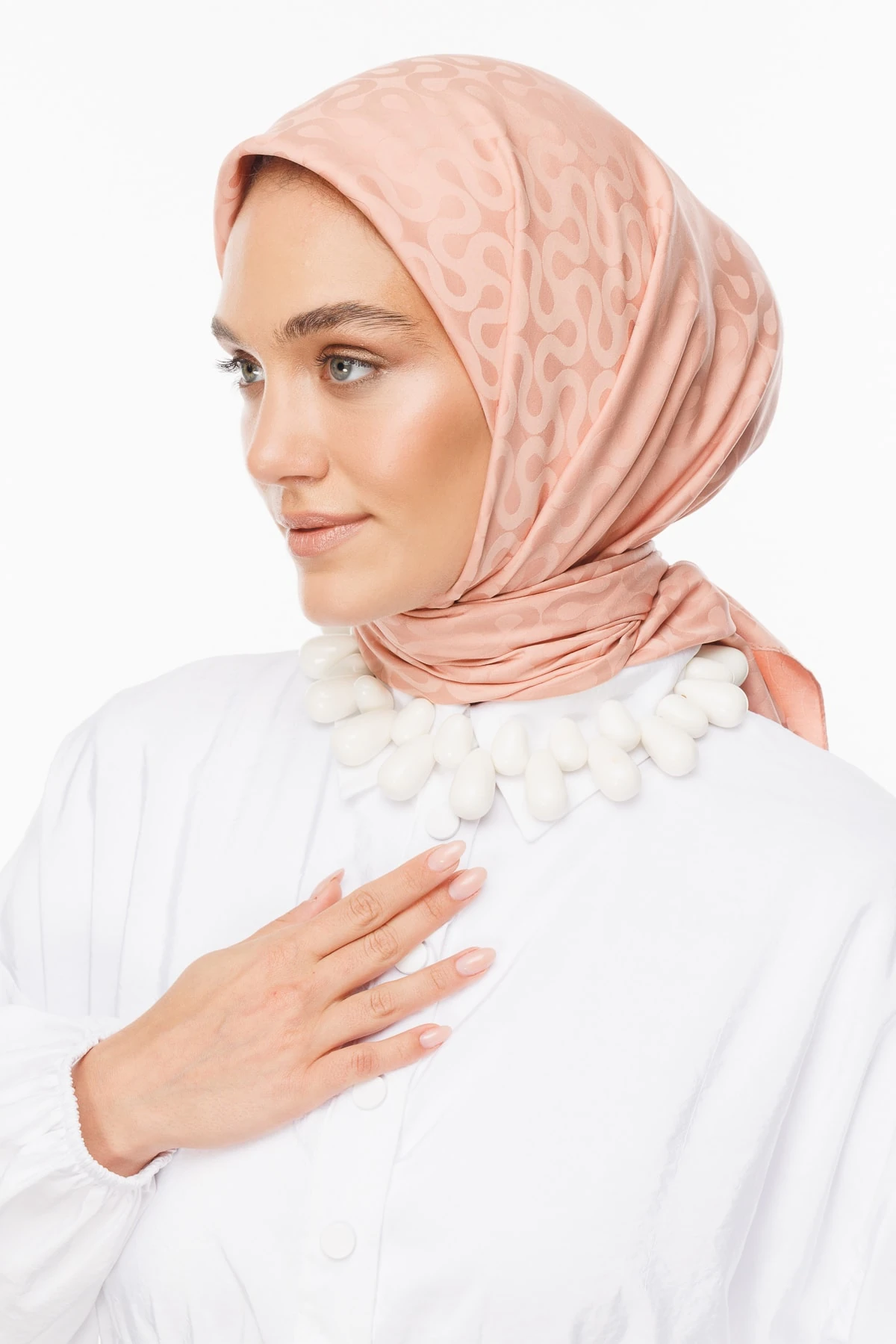 Toptan Moon Desen İpeksi Jakar Eşarp - Somon