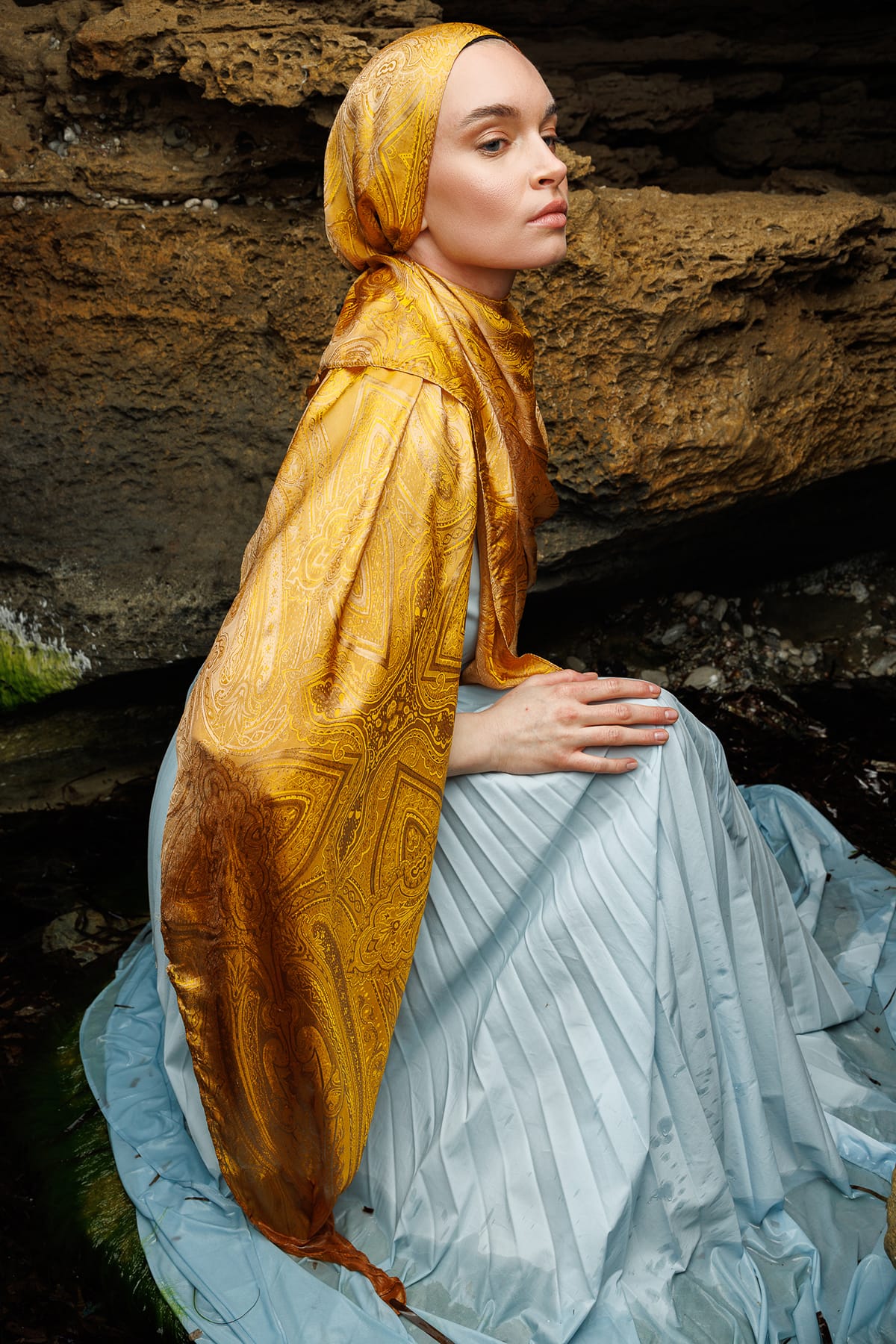 Liva Pattern Shine Line Shawl - Mink-Mustard