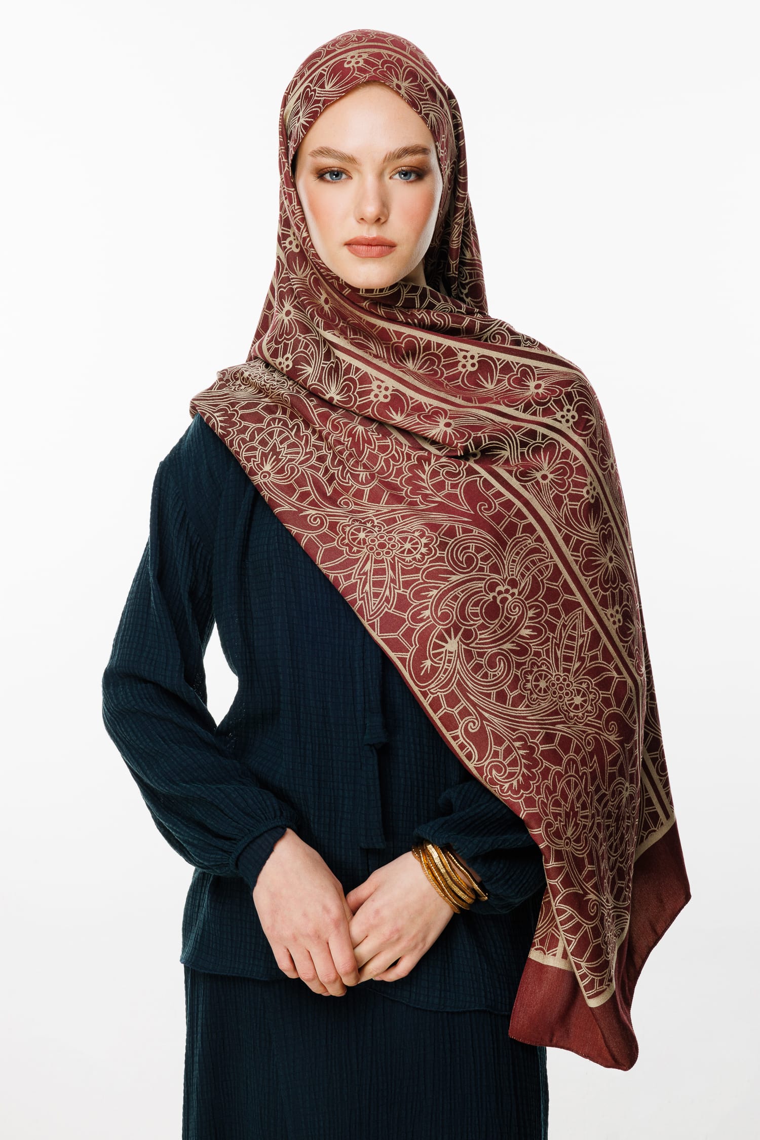 Toptan Lavin Desen Çift Taraflı Şal - Mürdüm-Somon