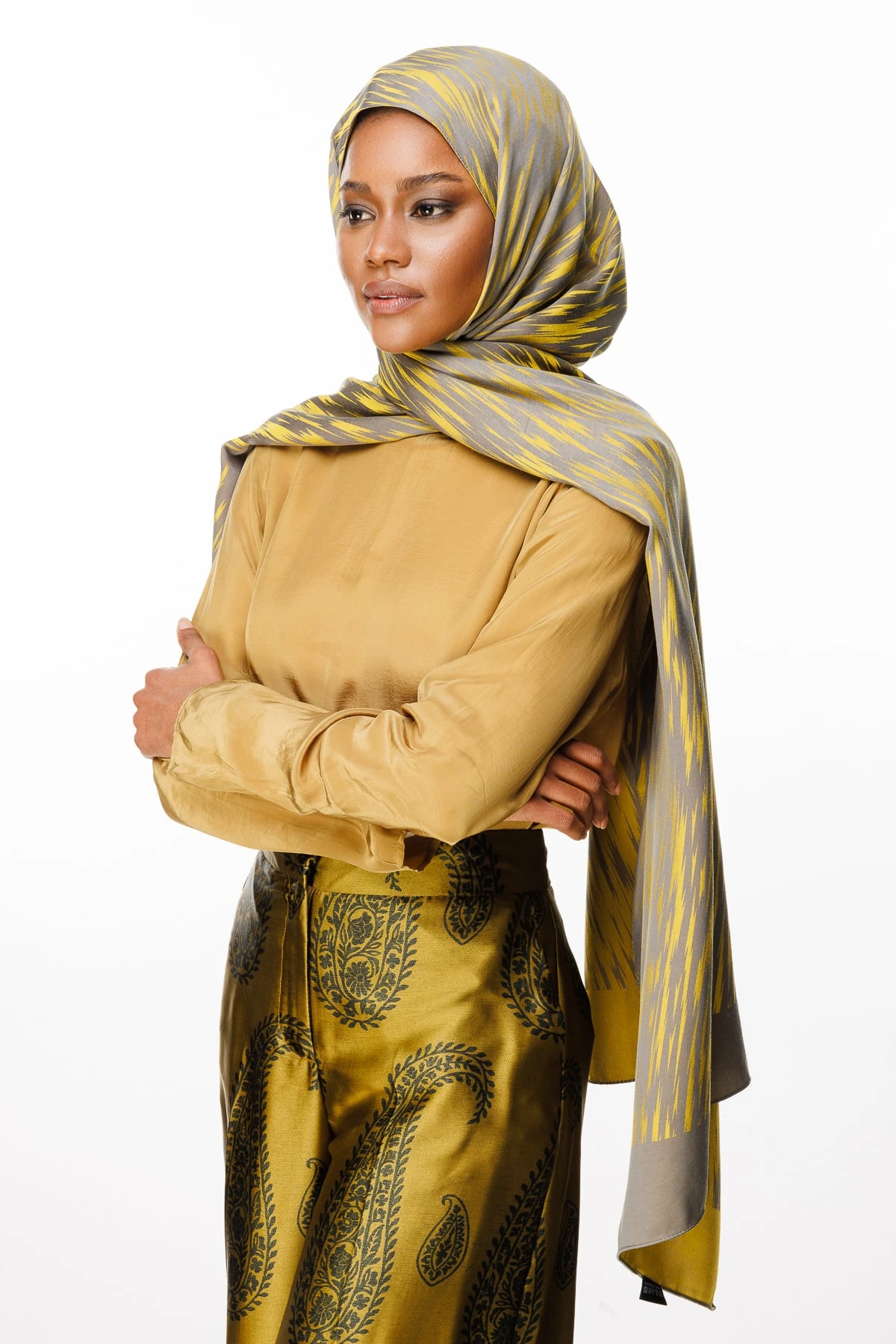 Toptan Selis Desen Çift Taraflı Şal - Koyu Gri-Hardal