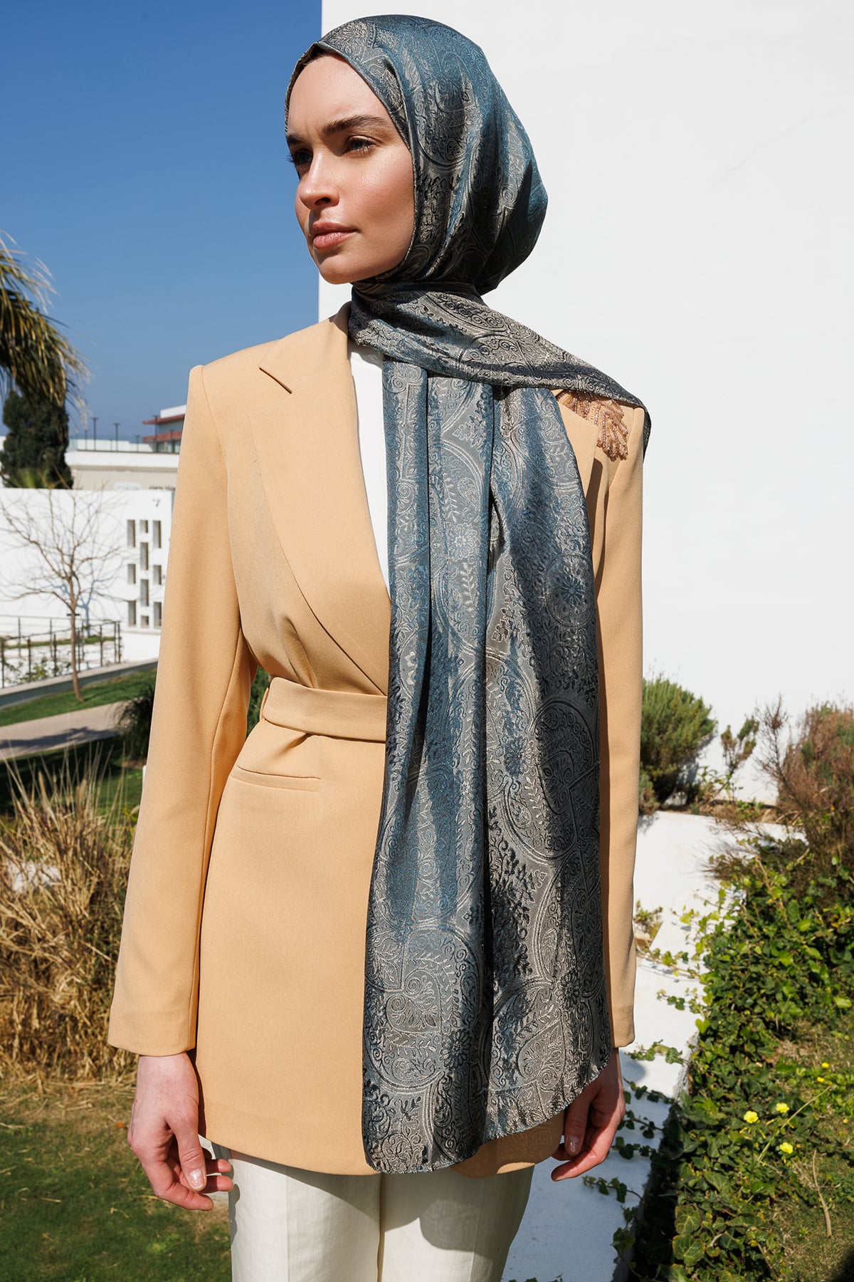 Shline Line Viscose Shawl - Petrol Blue-Beige