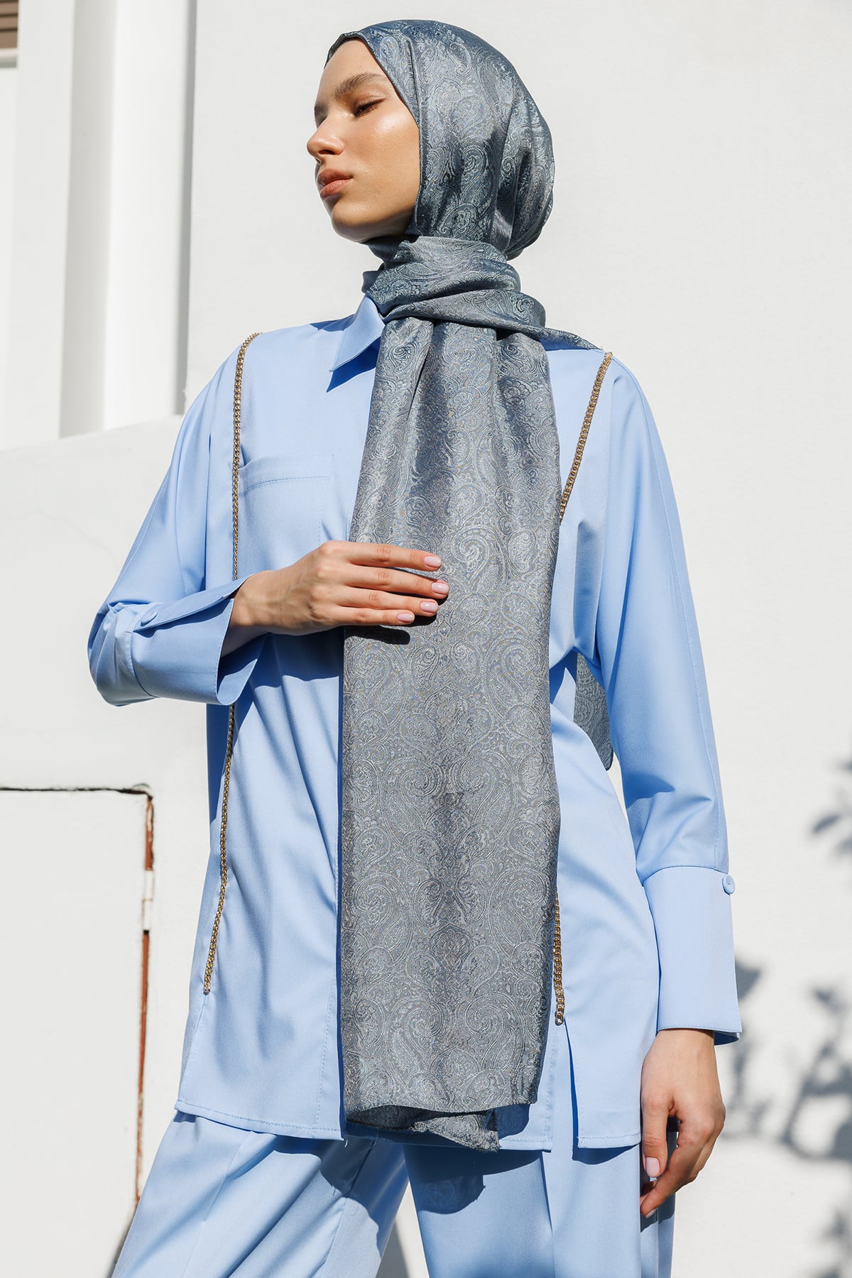 Moren Pattern Shine Line Shawl - Dark Gray-Light Blue