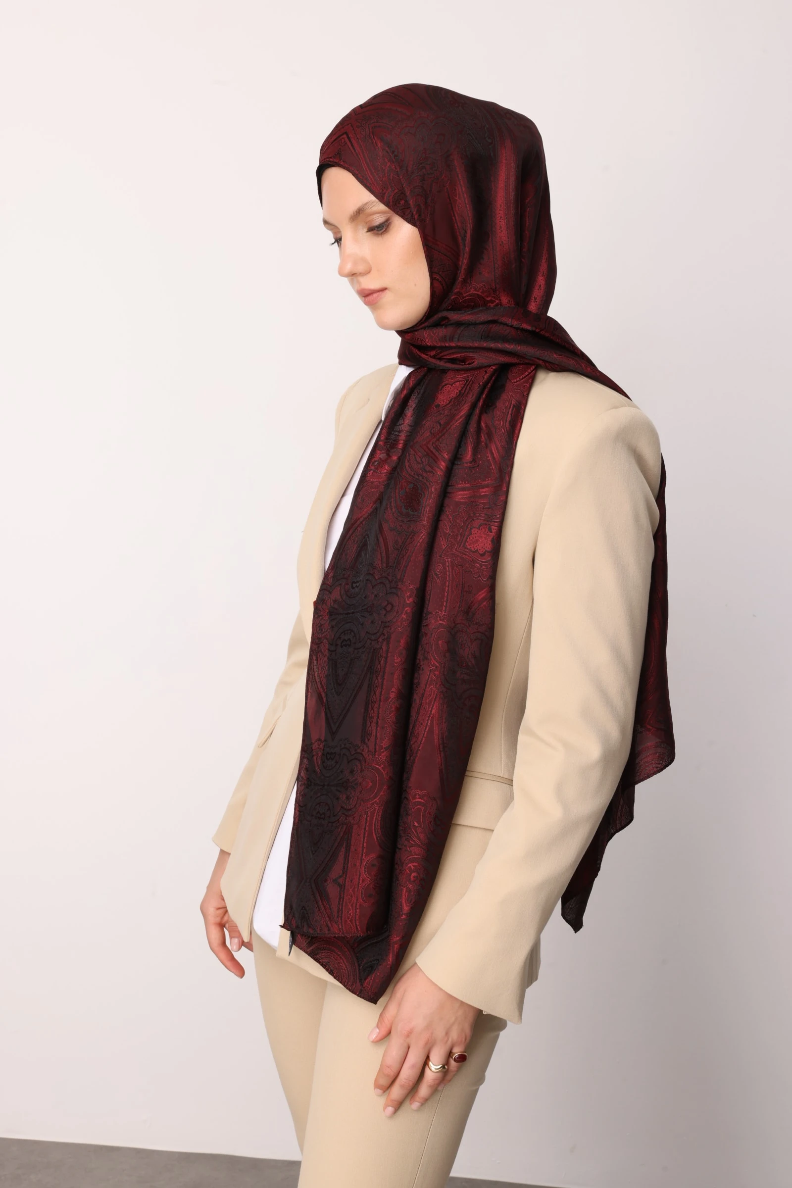 Toptan Liva Desen Shine Line Şal - Siyah-Bordo