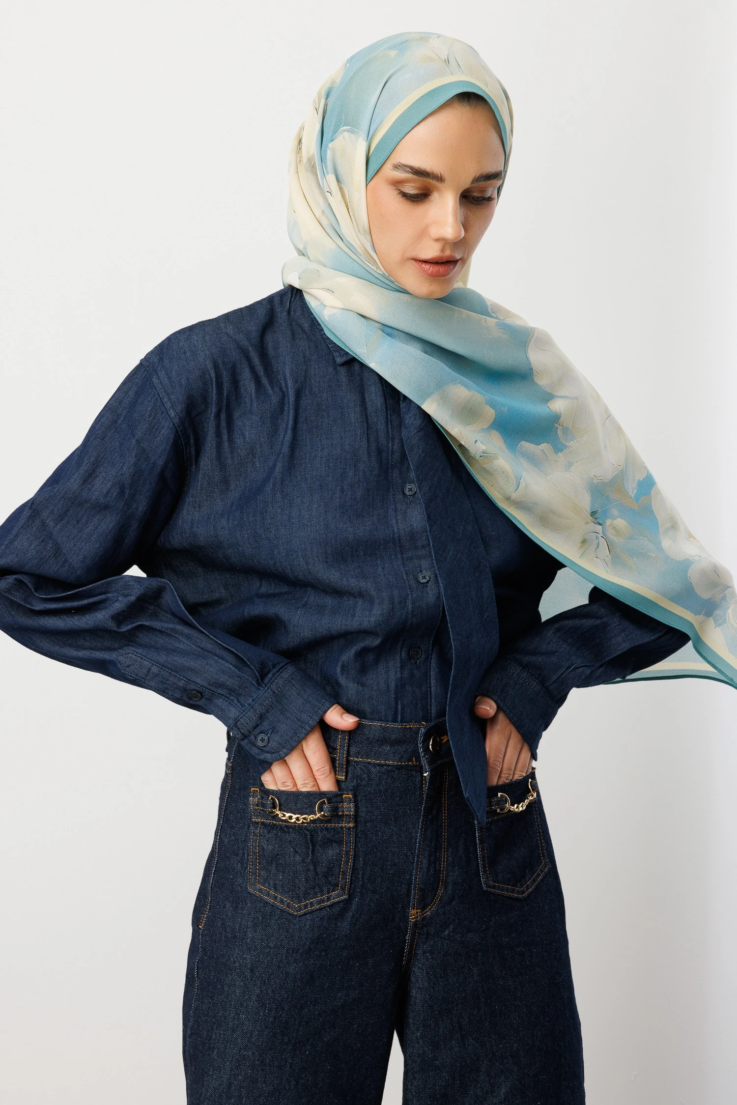 Toptan Rose Desen Hebei İpek Şal - Bebek Mavi