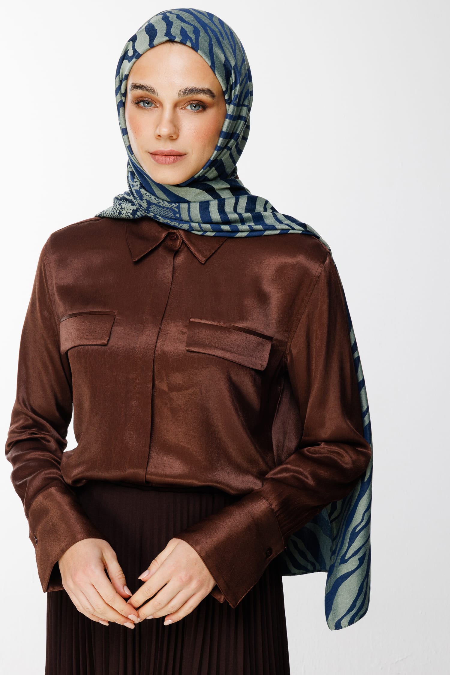 Toptan Riad Desen Çift Taraflı Şal - Lacivert-Su Yeşili