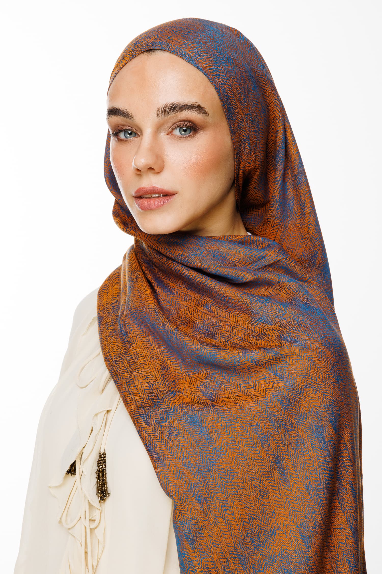 Toptan Sahra Desen Çift Taraflı Şal - Petrol Mavisi-Turuncu