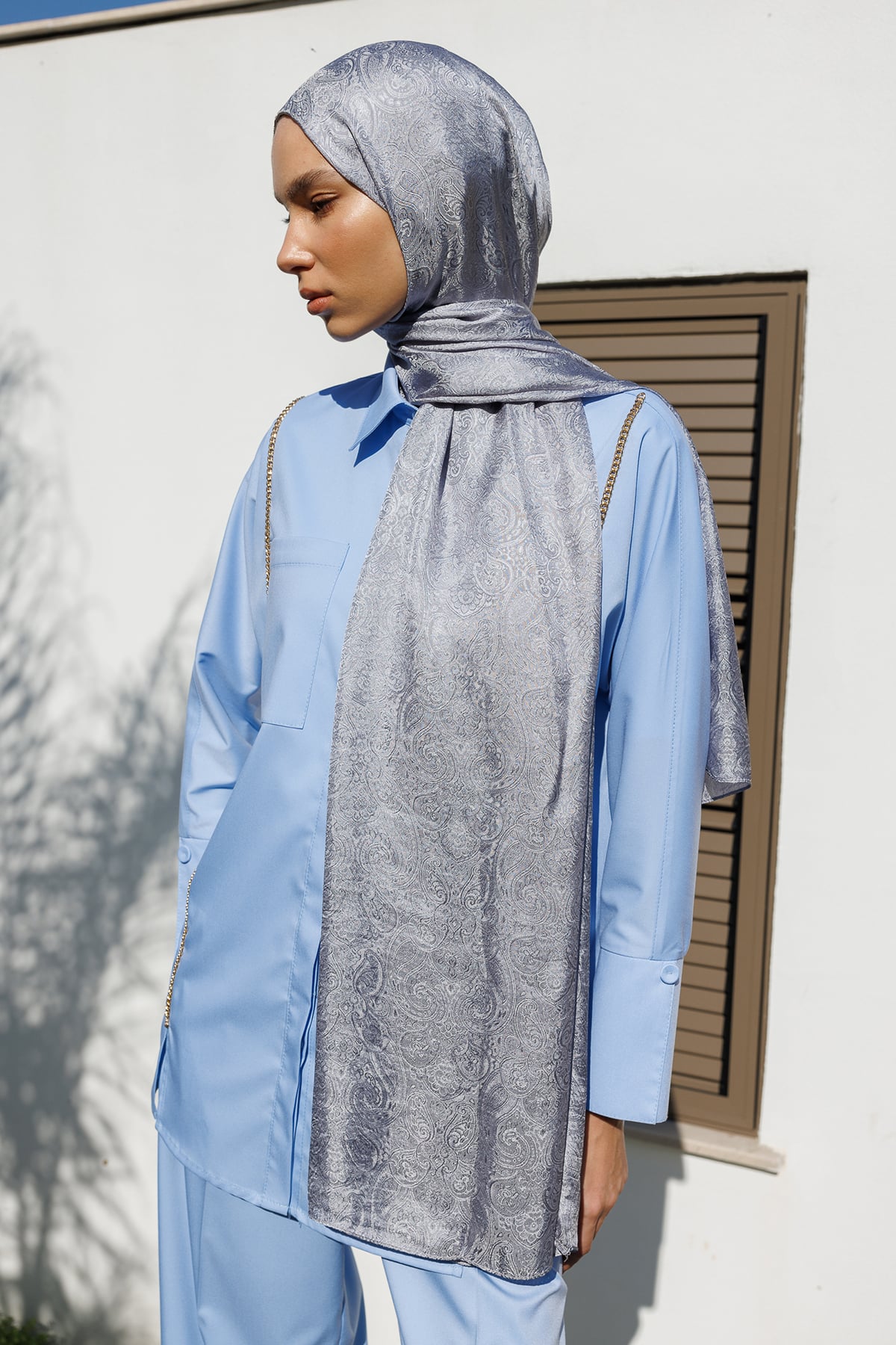 Toptan Moren Desen Shine Line Şal - Gri-Gri