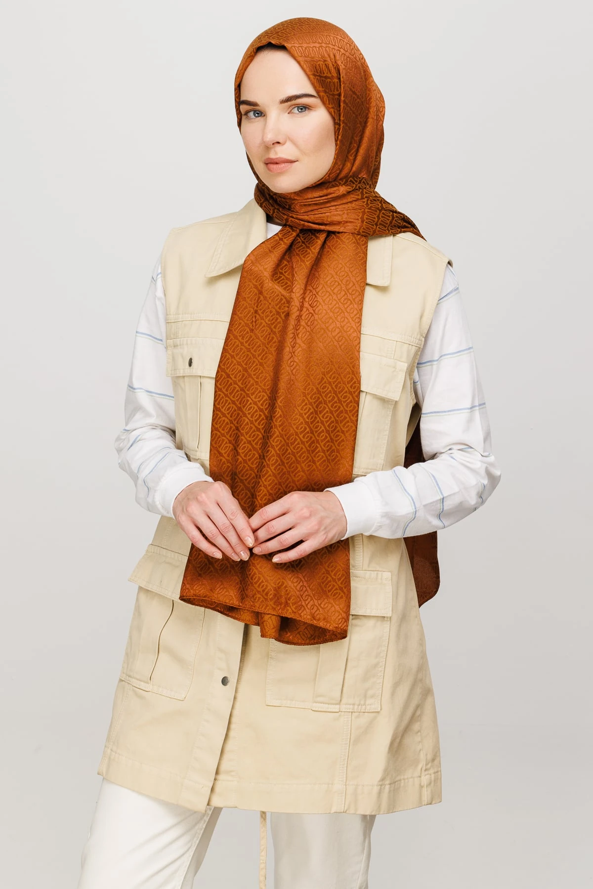 Wholesale Forever Pattern Shiny Jacquard Shawl - Copper