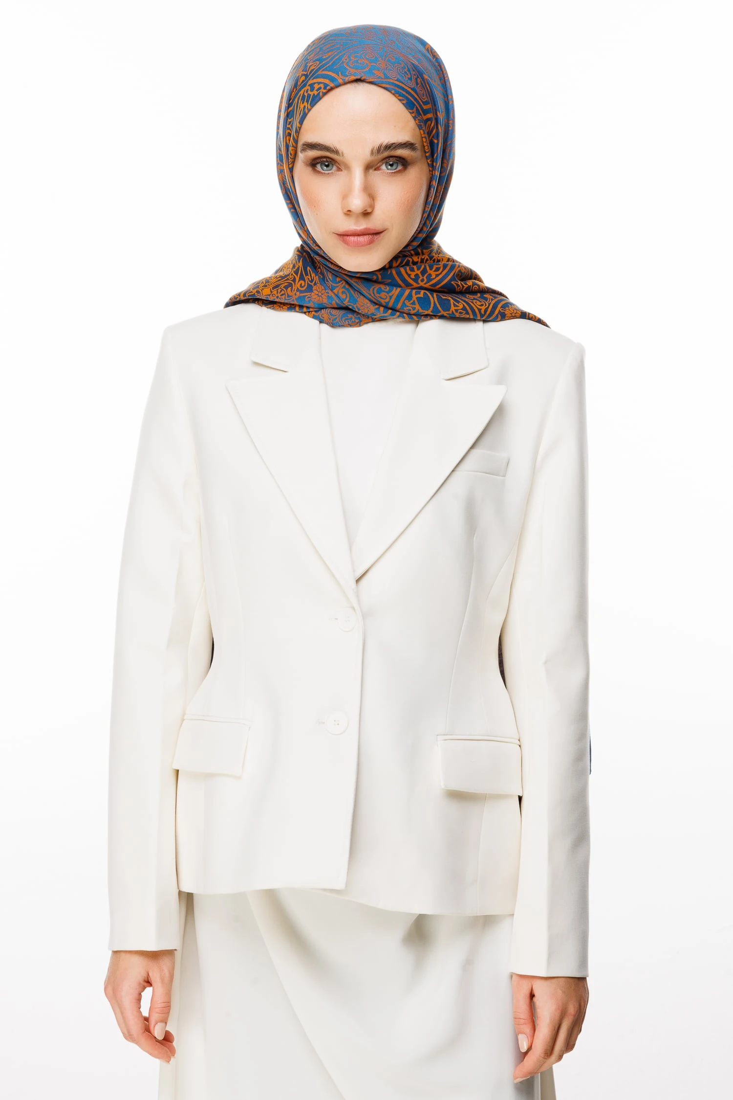 Toptan Morocco Desen Çift Taraflı Şal - Petrol Mavisi-Turuncu